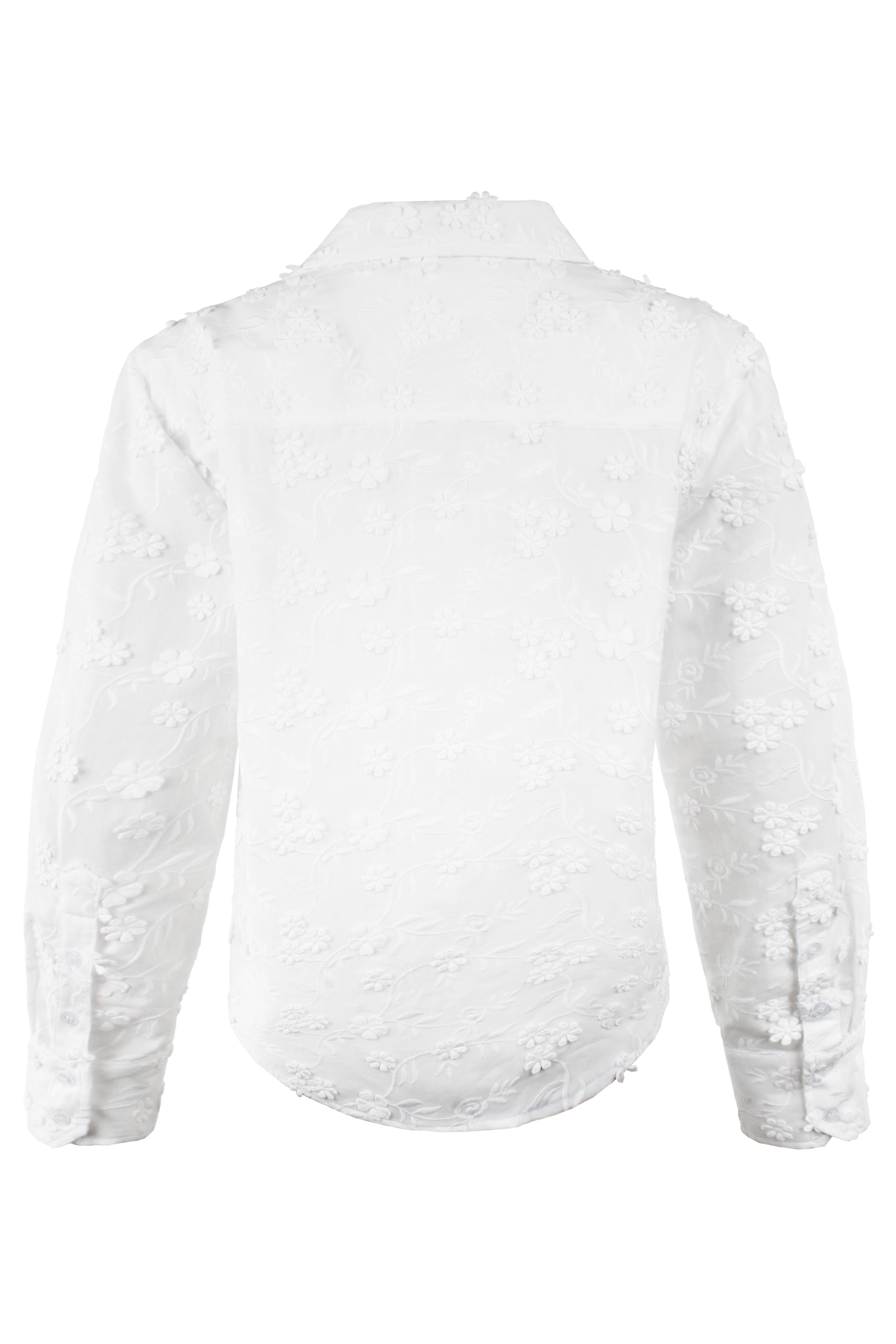 Andie Cropped White Shirt Textured 3D Flowers