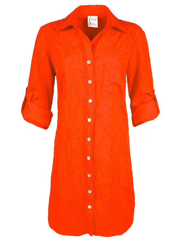 A front view of the Finley Alex shirt dress, an orange textured jacquard shirtdress with barrel cuffs and a relaxed shape.