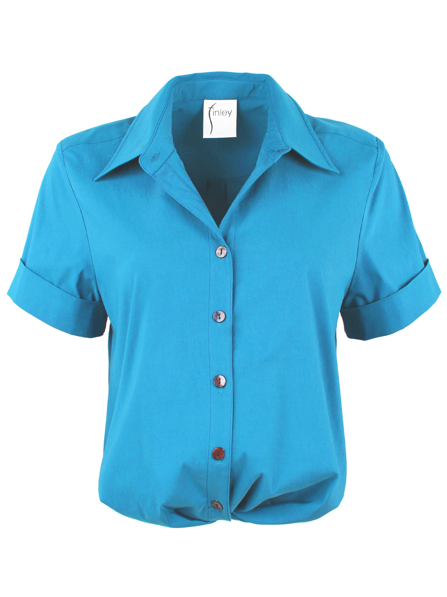 A front view of the Alli blouse in turquoise, with an elasticized twist hem and cuffed sleeves.