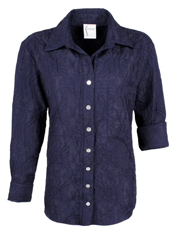A front view of the Finley Andie blouse, a cotton button down navy blouse with a relaxed contour and barrel cuffs