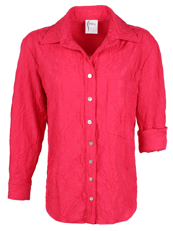 A front view of the Finley Andie blouse, a cotton button down raspberry pink blouse with a relaxed contour and barrel cuffs