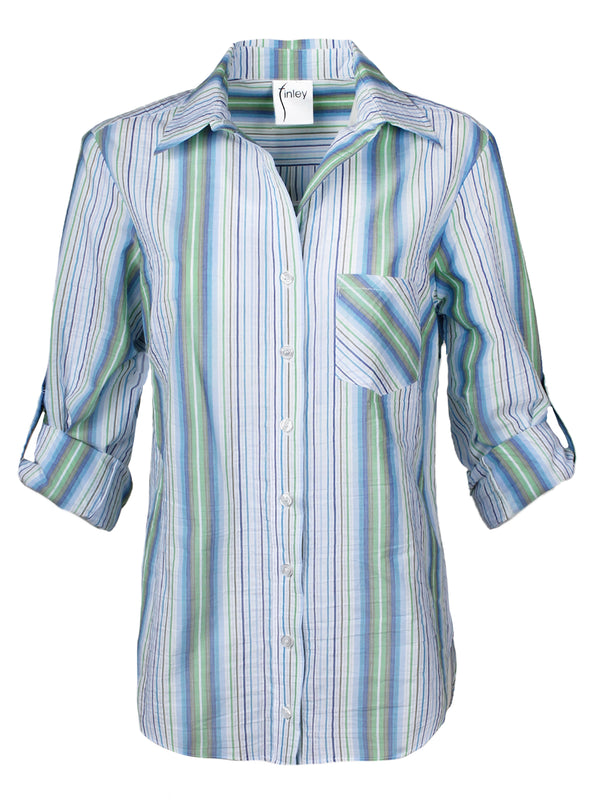 A front view of the Finley Andrew blouse, a button down boyfriend shirt with a chest pocket and a relaxed contour