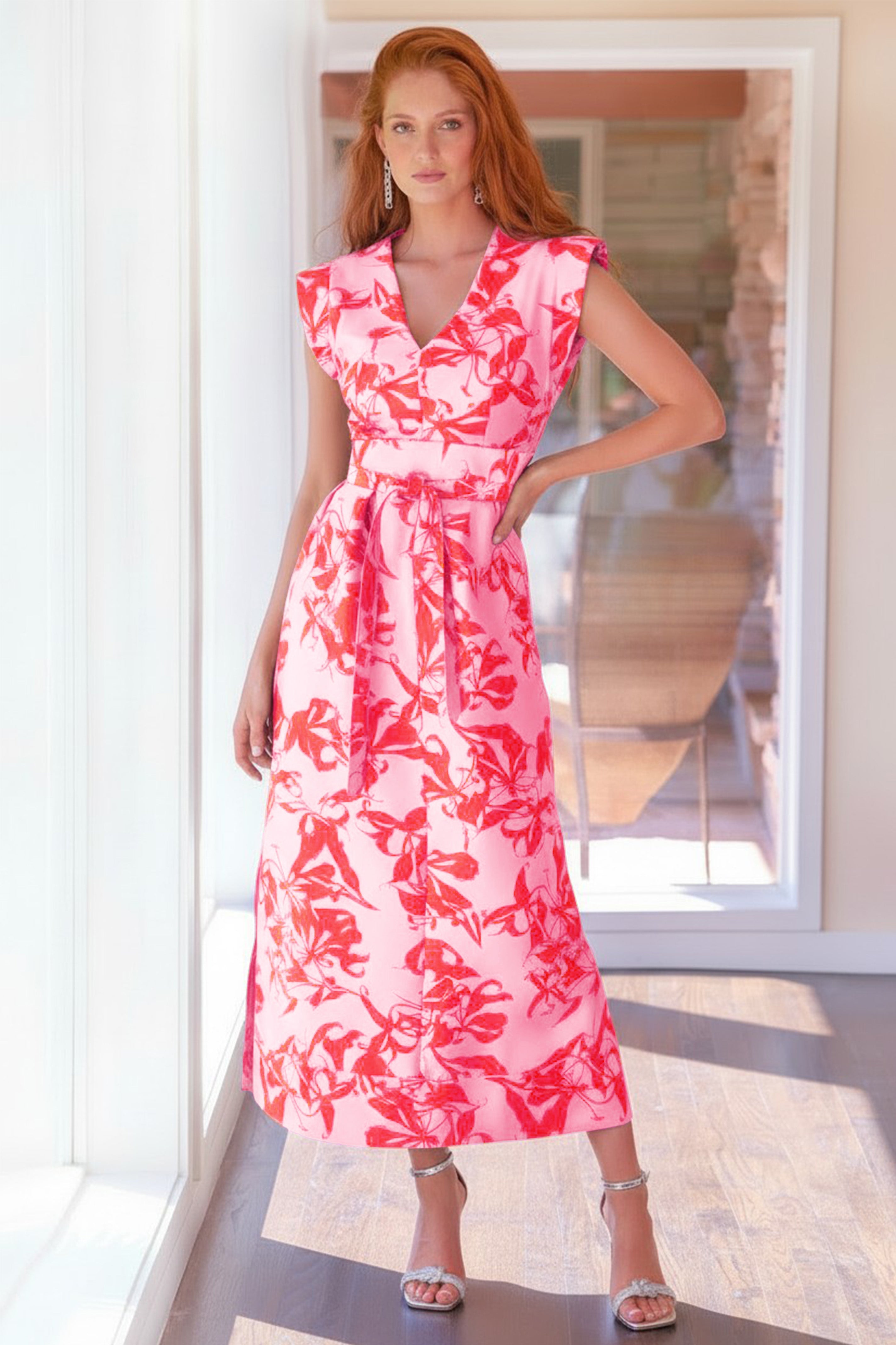 Beverly Long Shirt Dress Floral Jacquard, Pink/Coral
