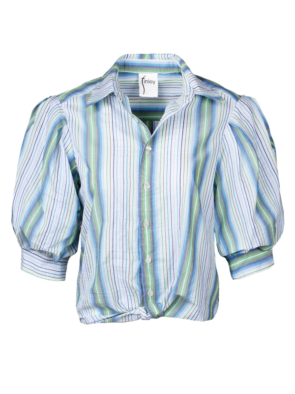A front view of the Finley Bomba blouse, a relaxed fit blue & green striped blouse with a front-twist hem & elbow blouson sleeves. 