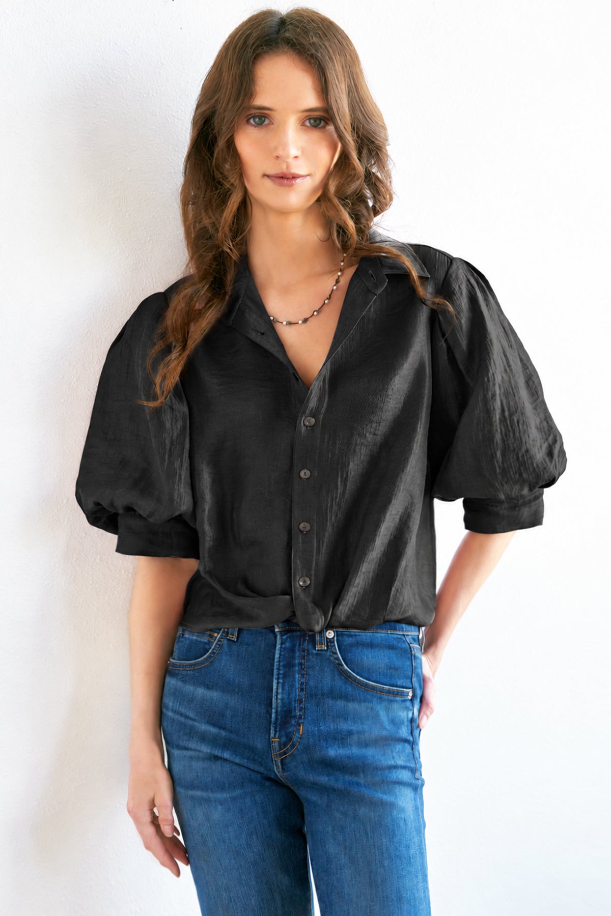 Bomba Short Sleeve Twist-Hem Blouse, Iridescent Black Metallic