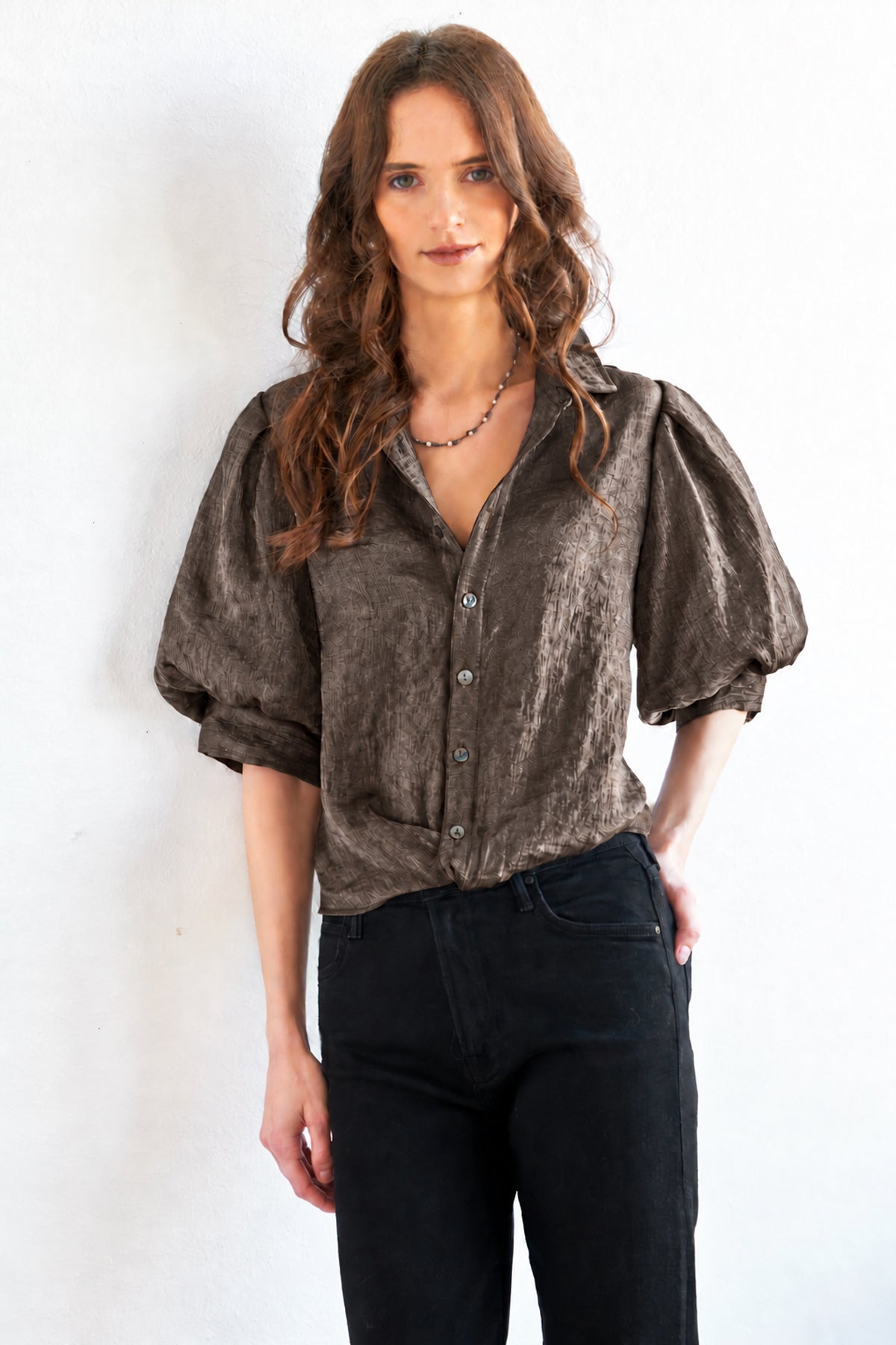 Bomba Short Sleeve Twist-Hem Blouse, Iridescent Brown Metallic