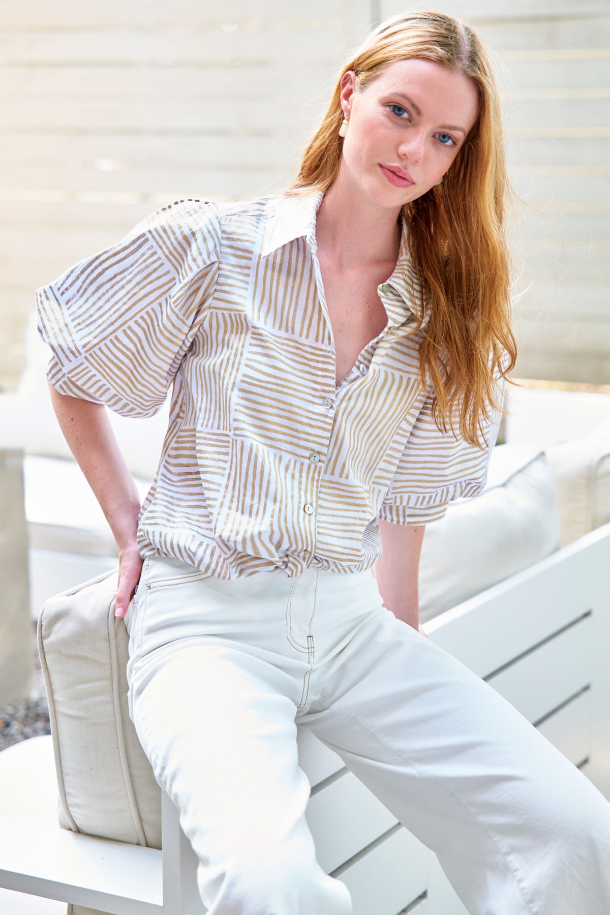 Bomba | Short Sleeve Gold Striped Twist Hem Blouse | Finley Shirts