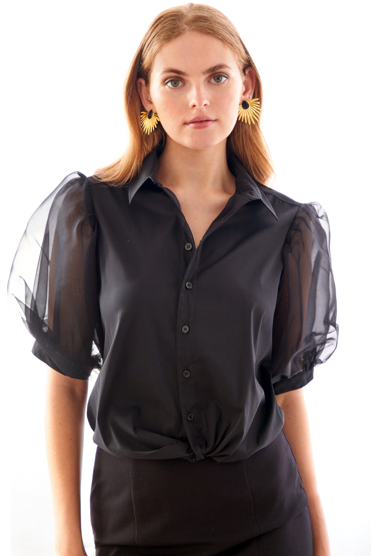 Bomba Short Sleeve Twist-Hem Blouse, Black Poplin & Silk Organza