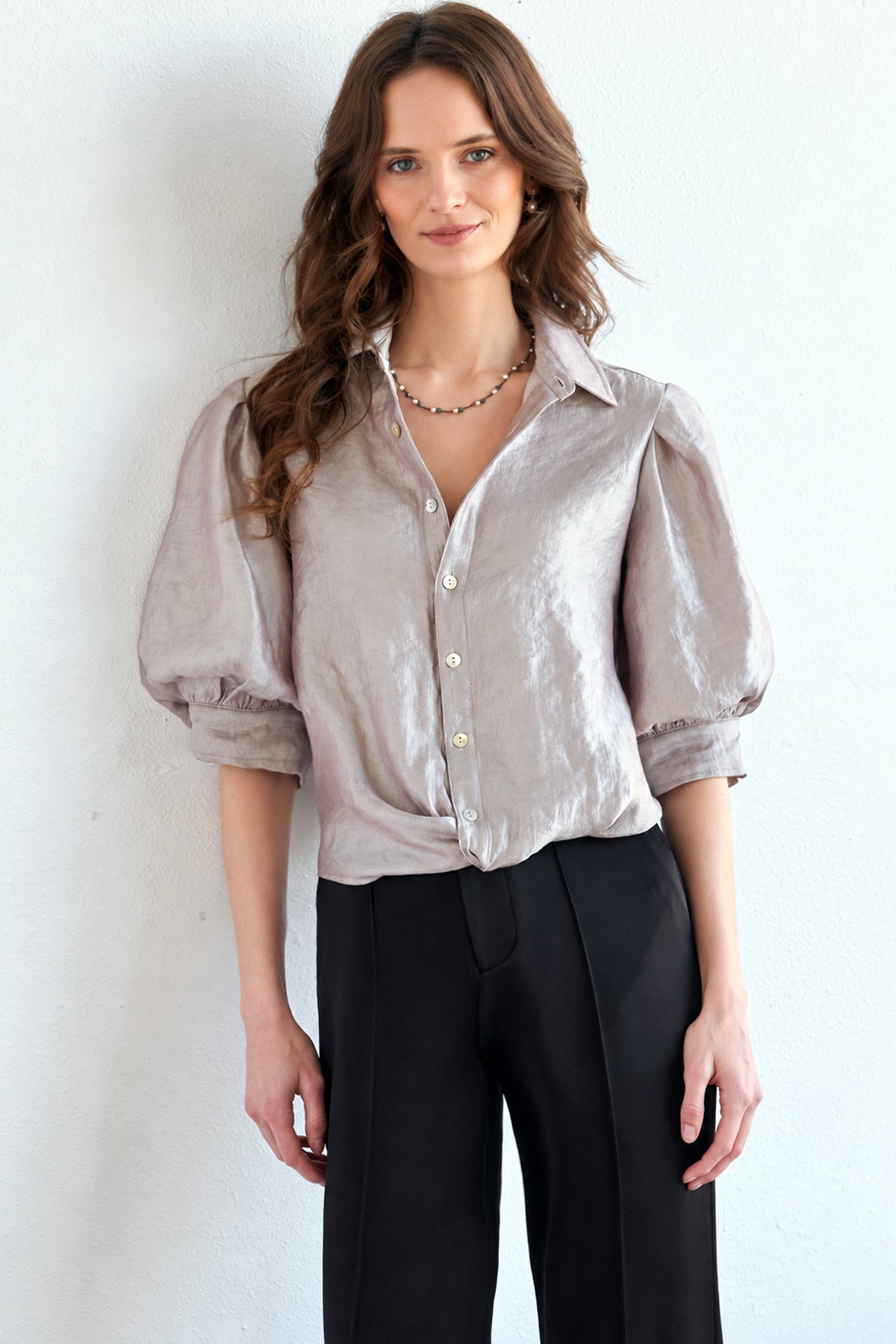 Bomba Short Sleeve Twist-Hem Blouse, Iridescent Platinum Metallic