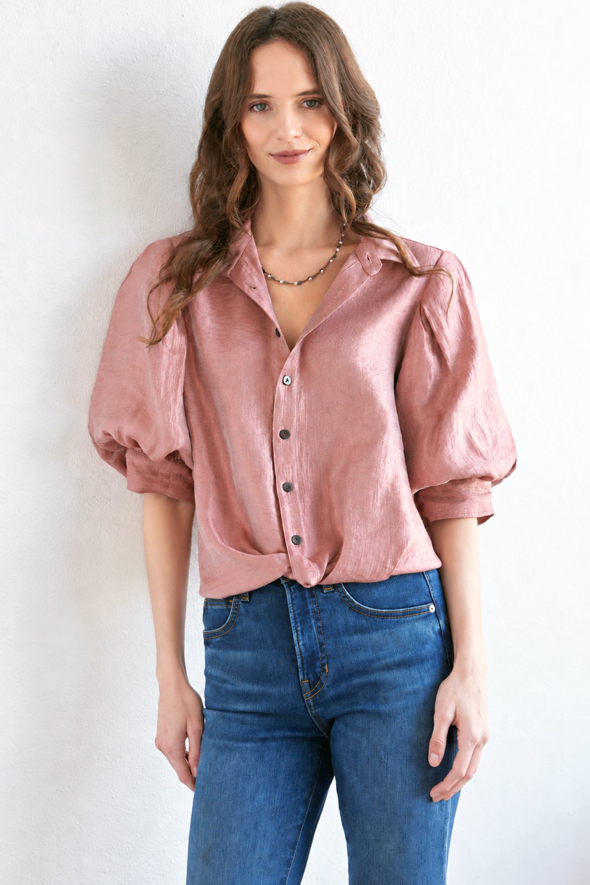 Bomba Short Sleeve Twist-Hem Blouse, Iridescent Rose Metallic