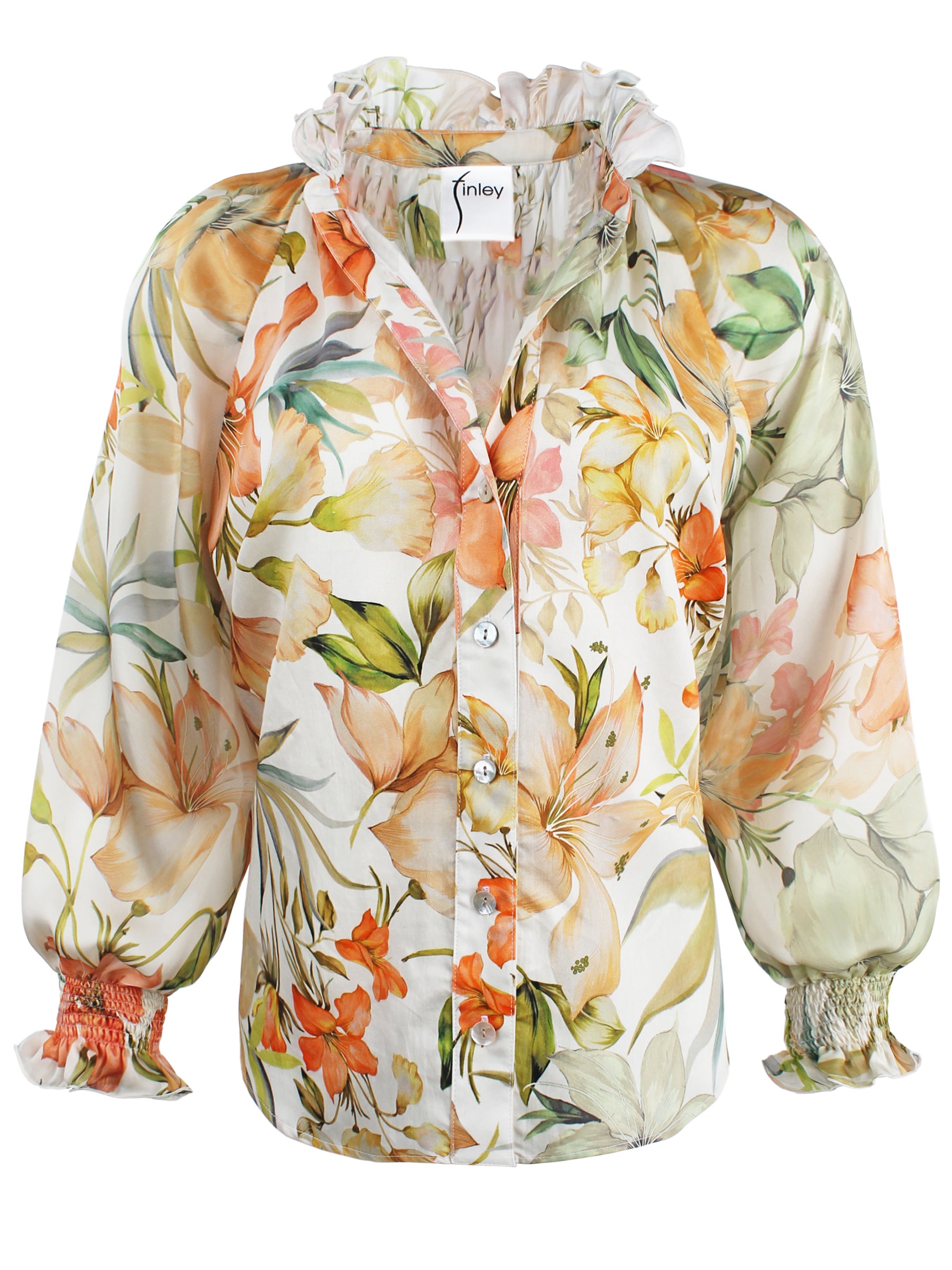 Front view: Finley Fiona natural, coral, and green floral print cotton shirt with ruffle neckline and button closure