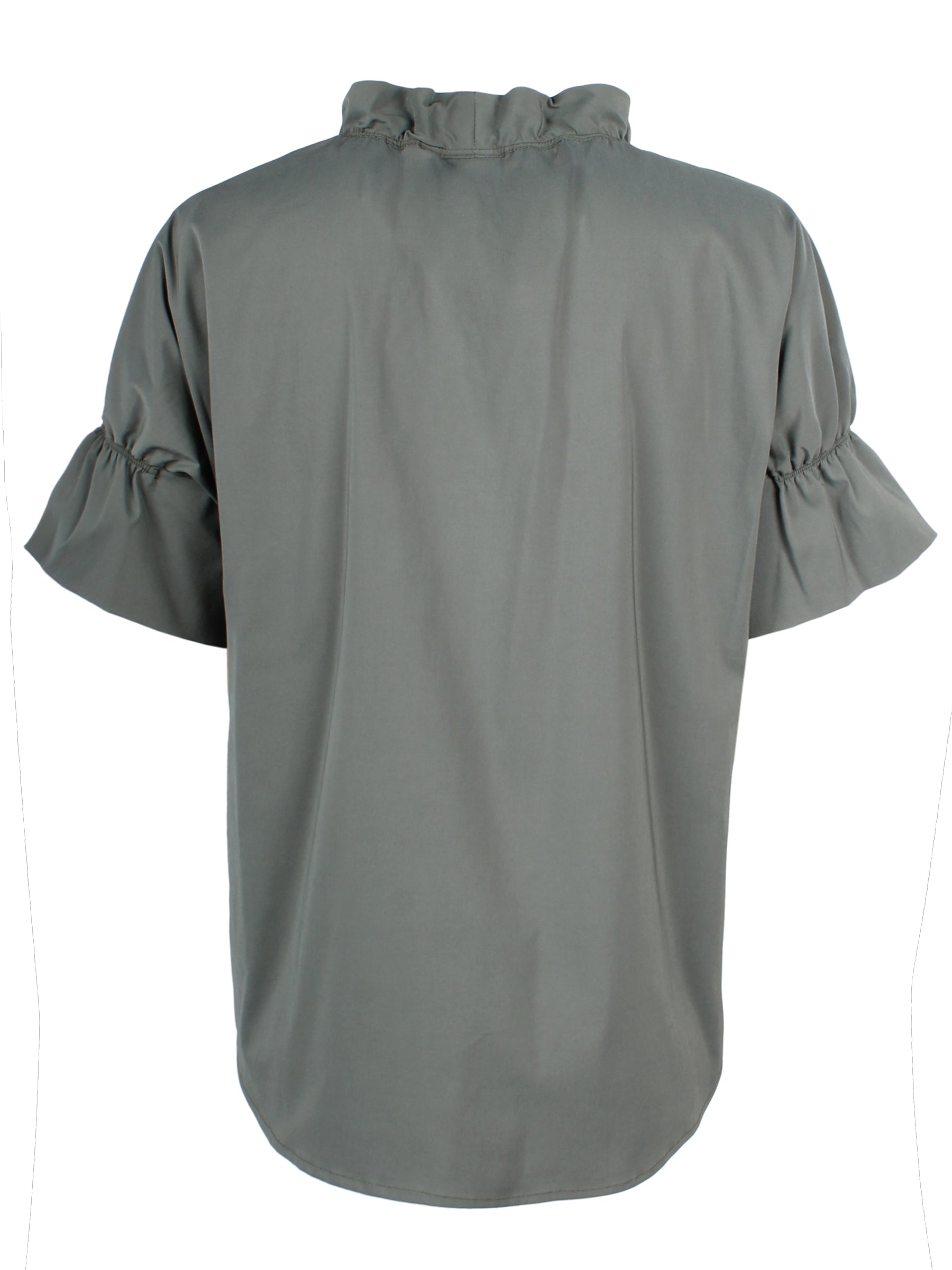 A rear view of the Finley Crosby blouse, a short sleeve olive poplin blouse with ruffle collar and sleeve detailing.