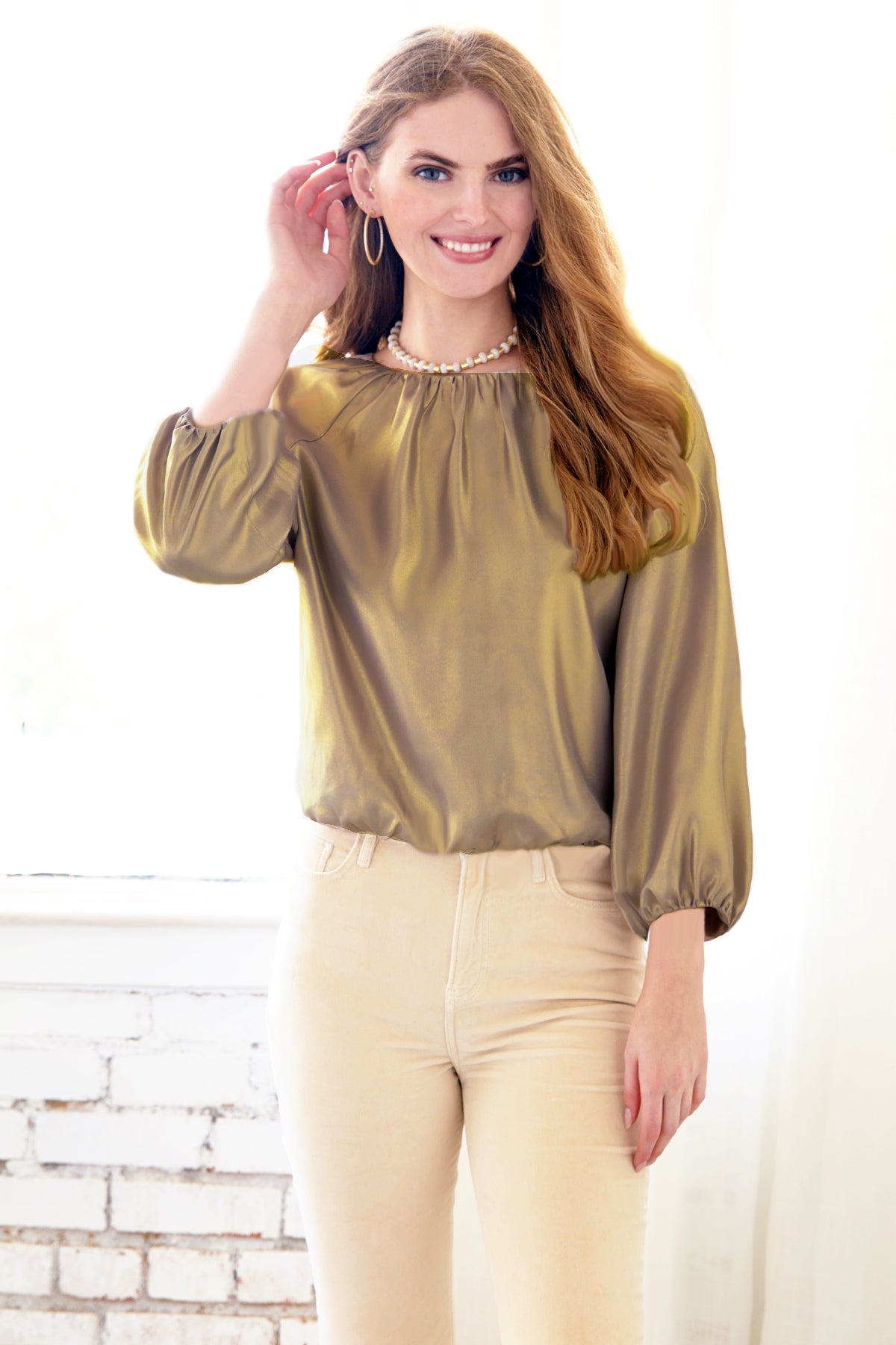 Cameron Blouson Sleeve Top, Antique Gold