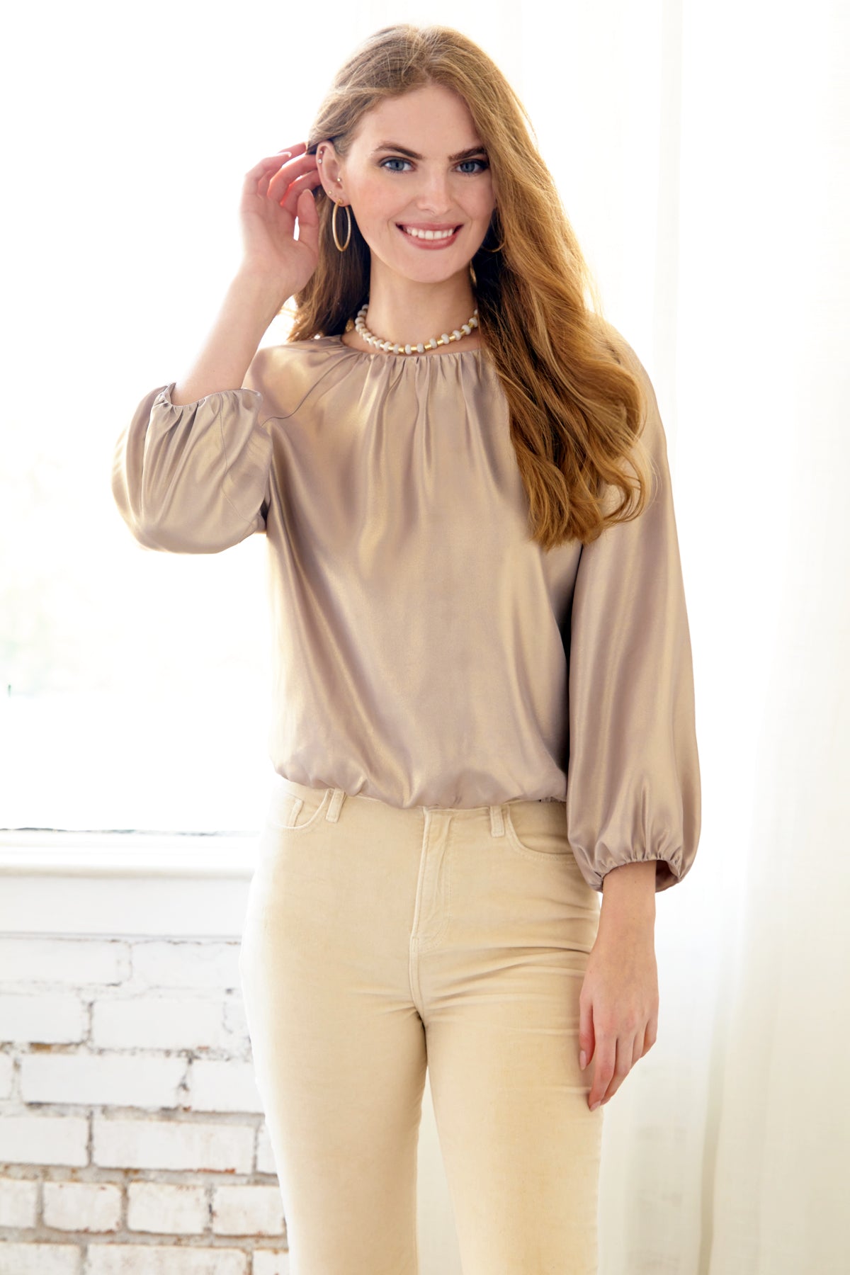 Cameron Blouson Sleeve Top, Matte Gold
