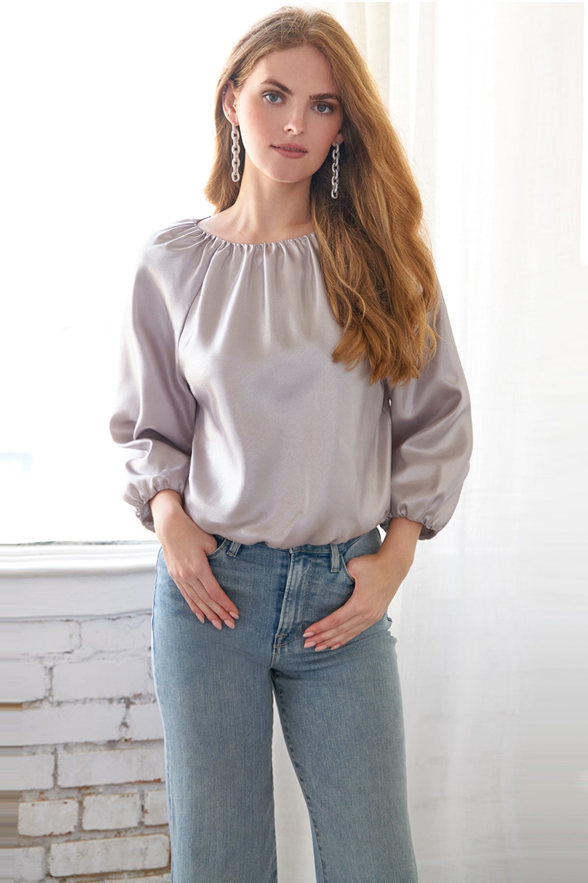 Cameron Blouson Sleeve Top, Matte Silver