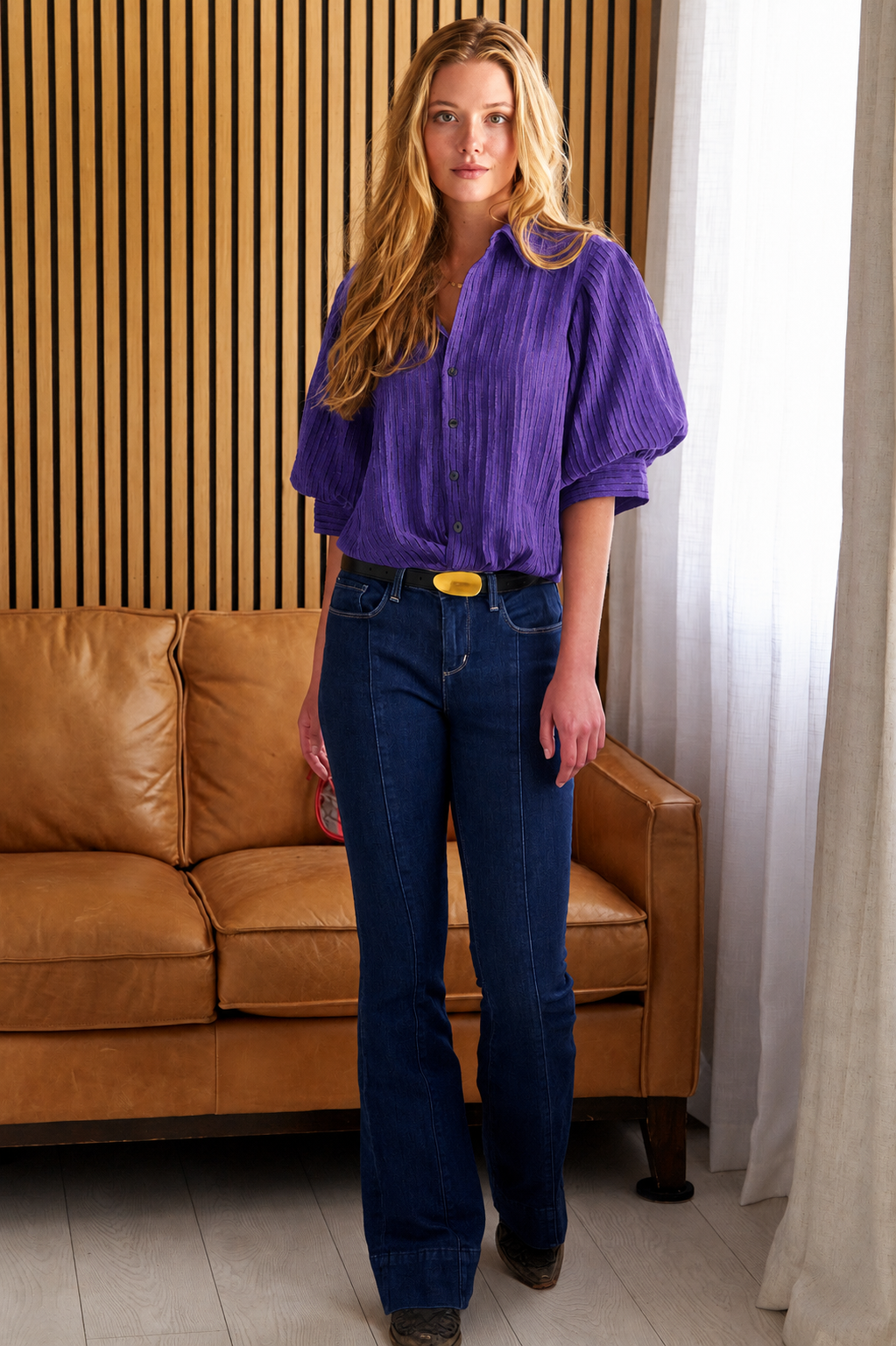 GAMEDAY!! Bomba Twist-Hem Short Sleeve Shirt, Purple Open Weave Stripe