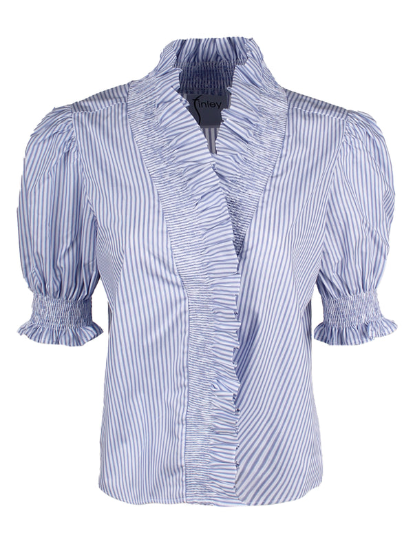 A front view of the Finley Cici blouse, a blue & white striped cotton women's blouse with ruffled puff sleeves and smocked details.