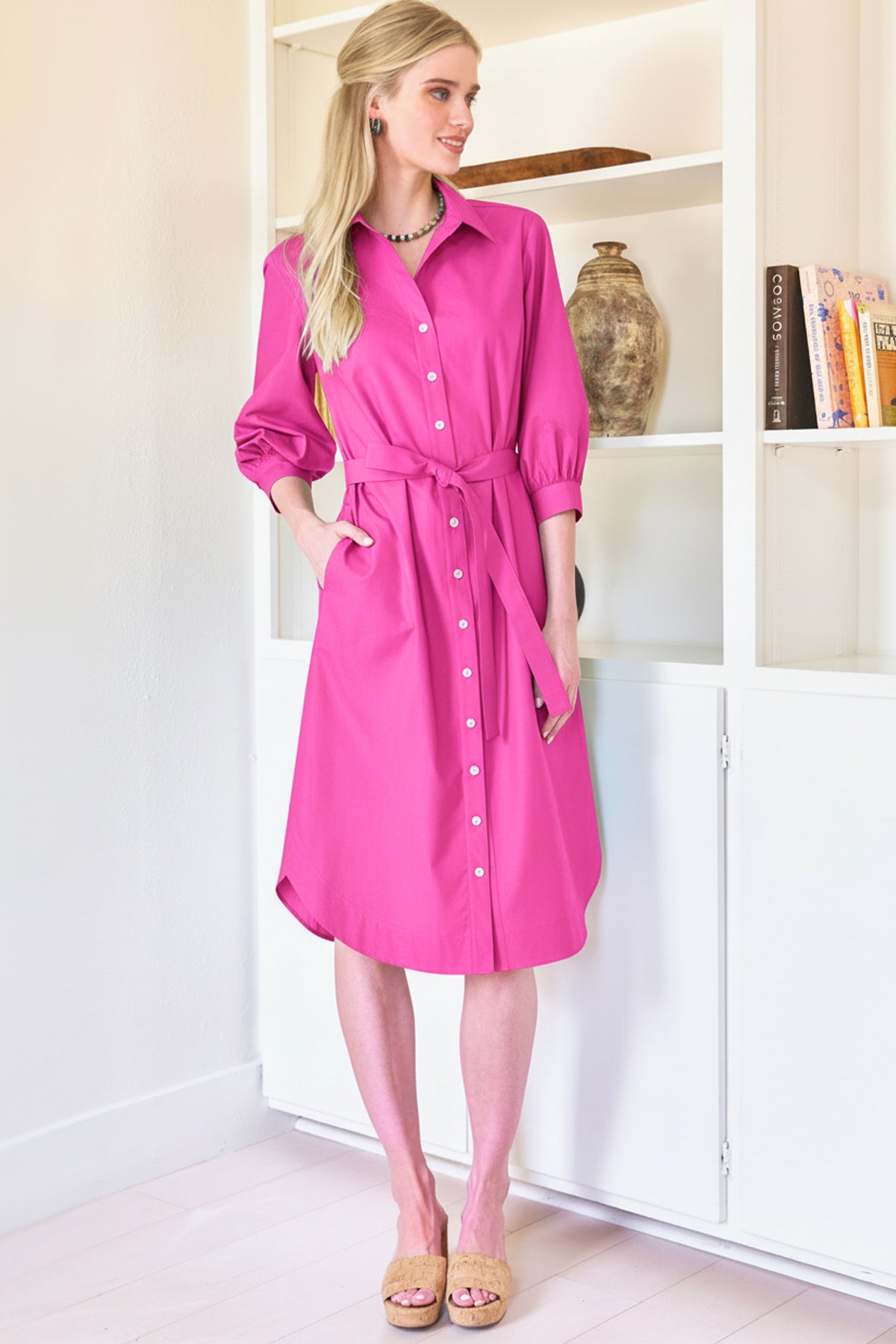 Clementine Fuchsia Pink Midi Shirt Dress Typewriter Cloth