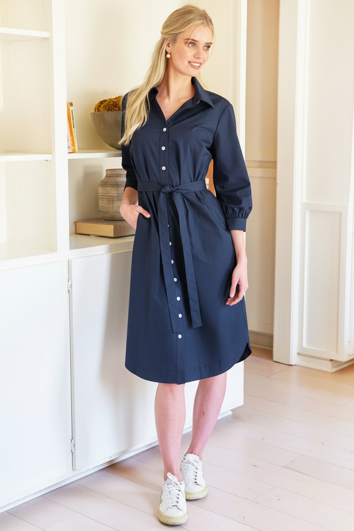 Clementine Navy Blue Midi Shirt Dress Typewriter Cloth