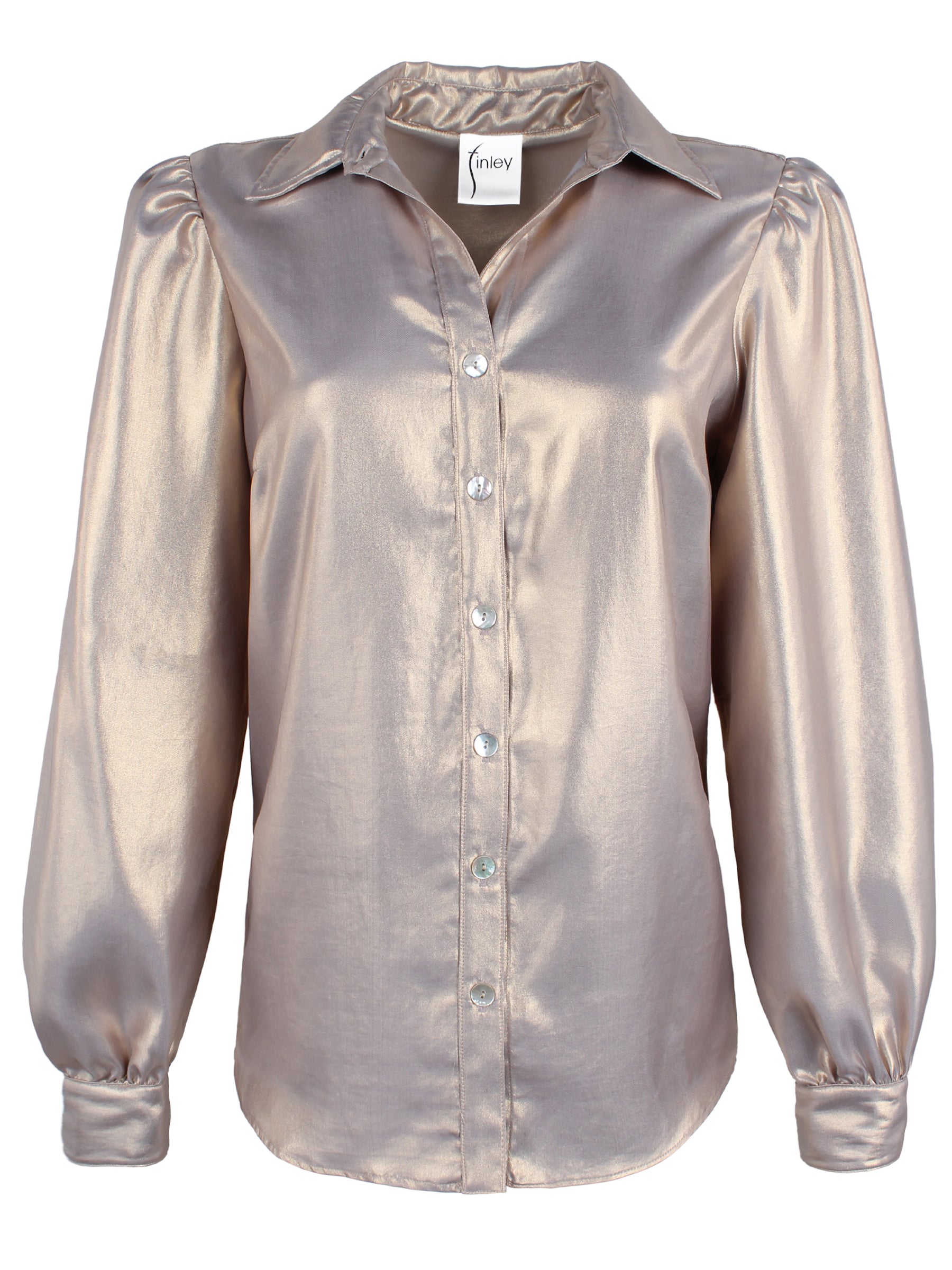 A front view of the Collette blouse with a spread collar, relaxed contour, long sleeves, and matte gold fabric.