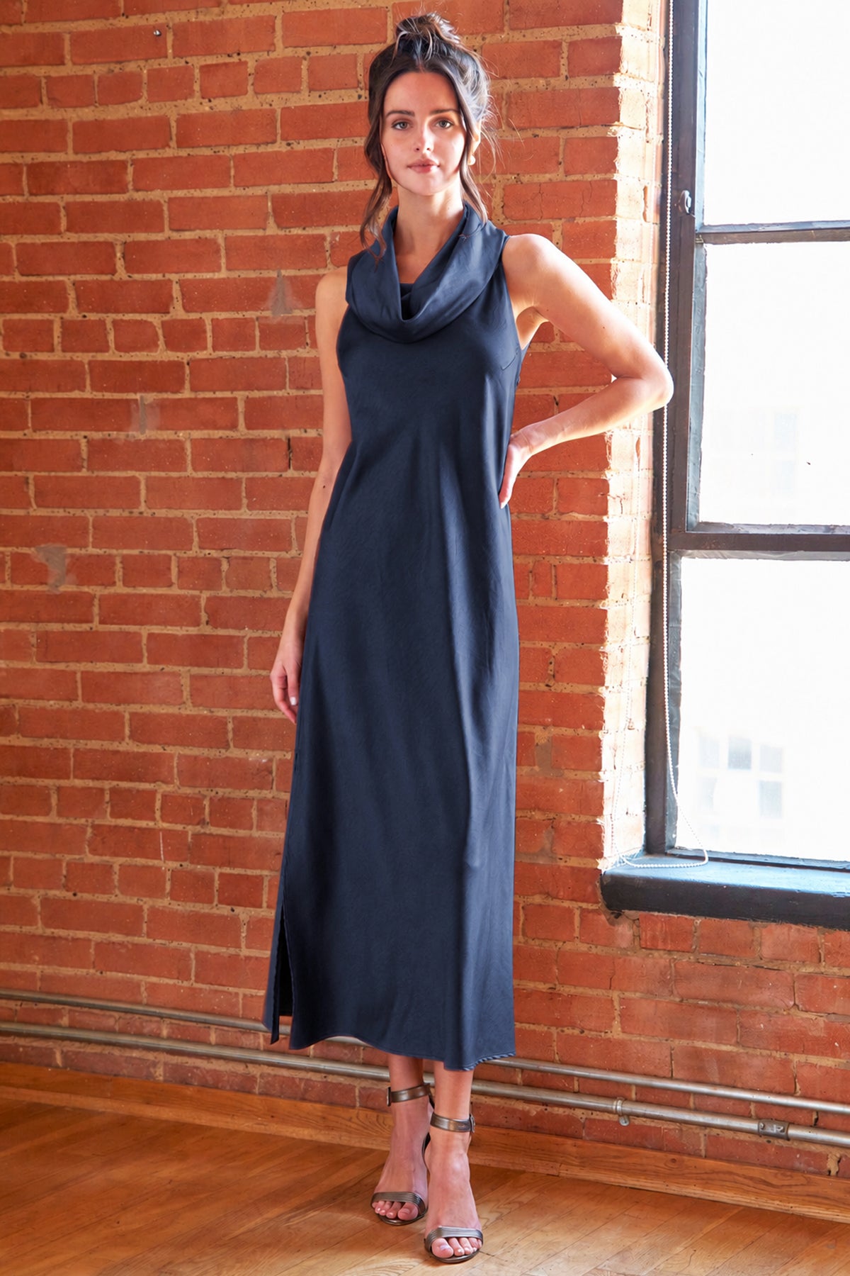 Long Cowl Dress Navy Sueded Back Satin