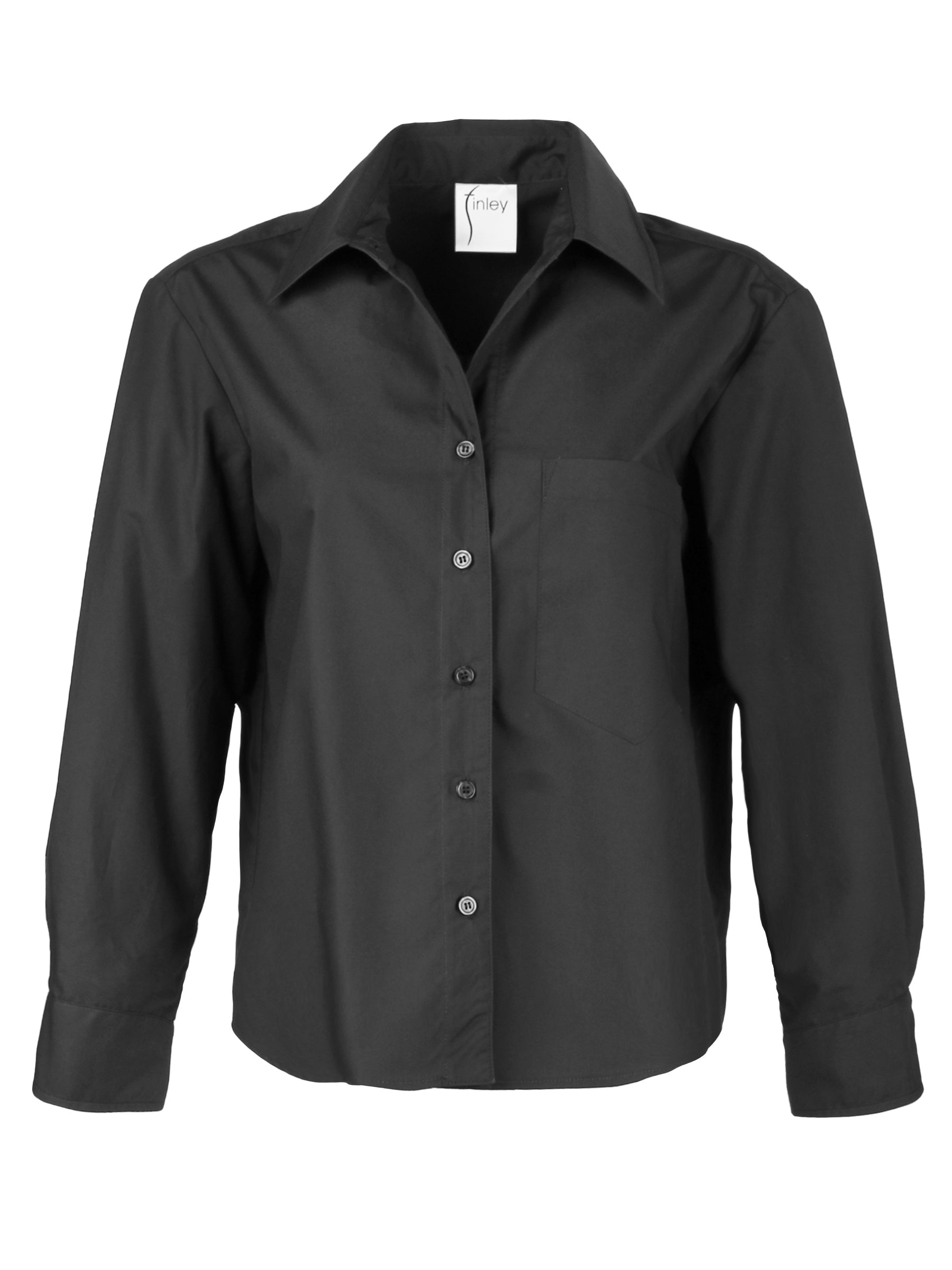 A front view of the Finley Andie blouse, a black poplin womens blouse with a relaxed cropped shape.