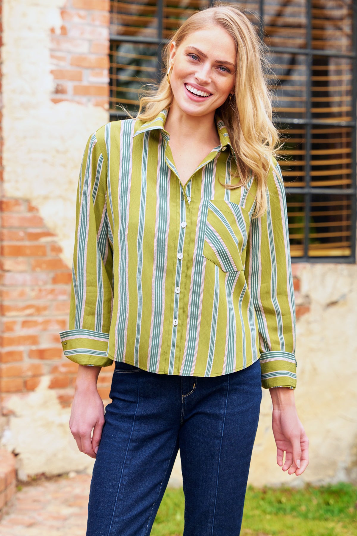Andie Cropped Button-Down Shirt, Green Stripe