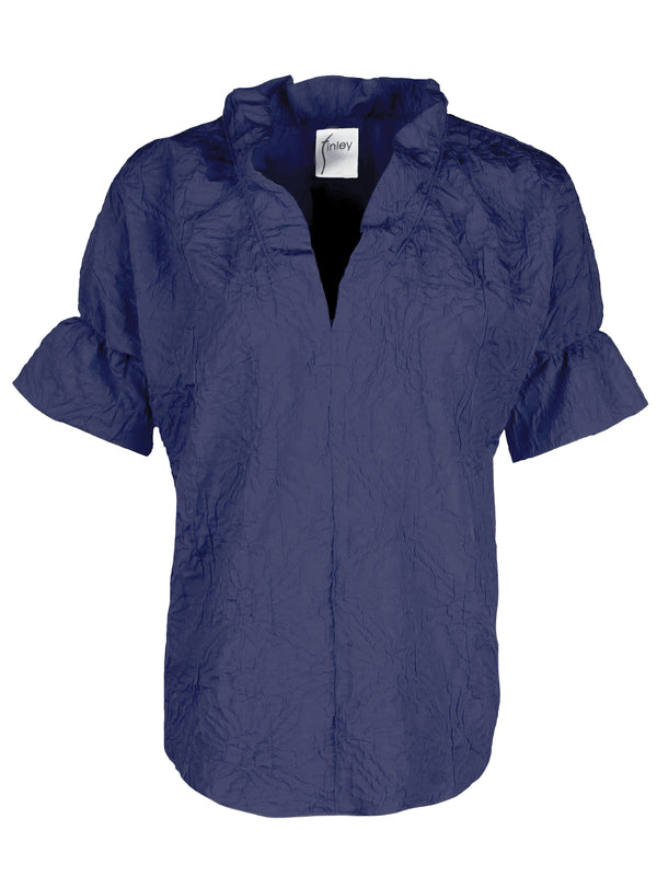 A front view of the Finley Crosby blouse, a short sleeve ruffle trim women's blouse in a textured navy jacquard.