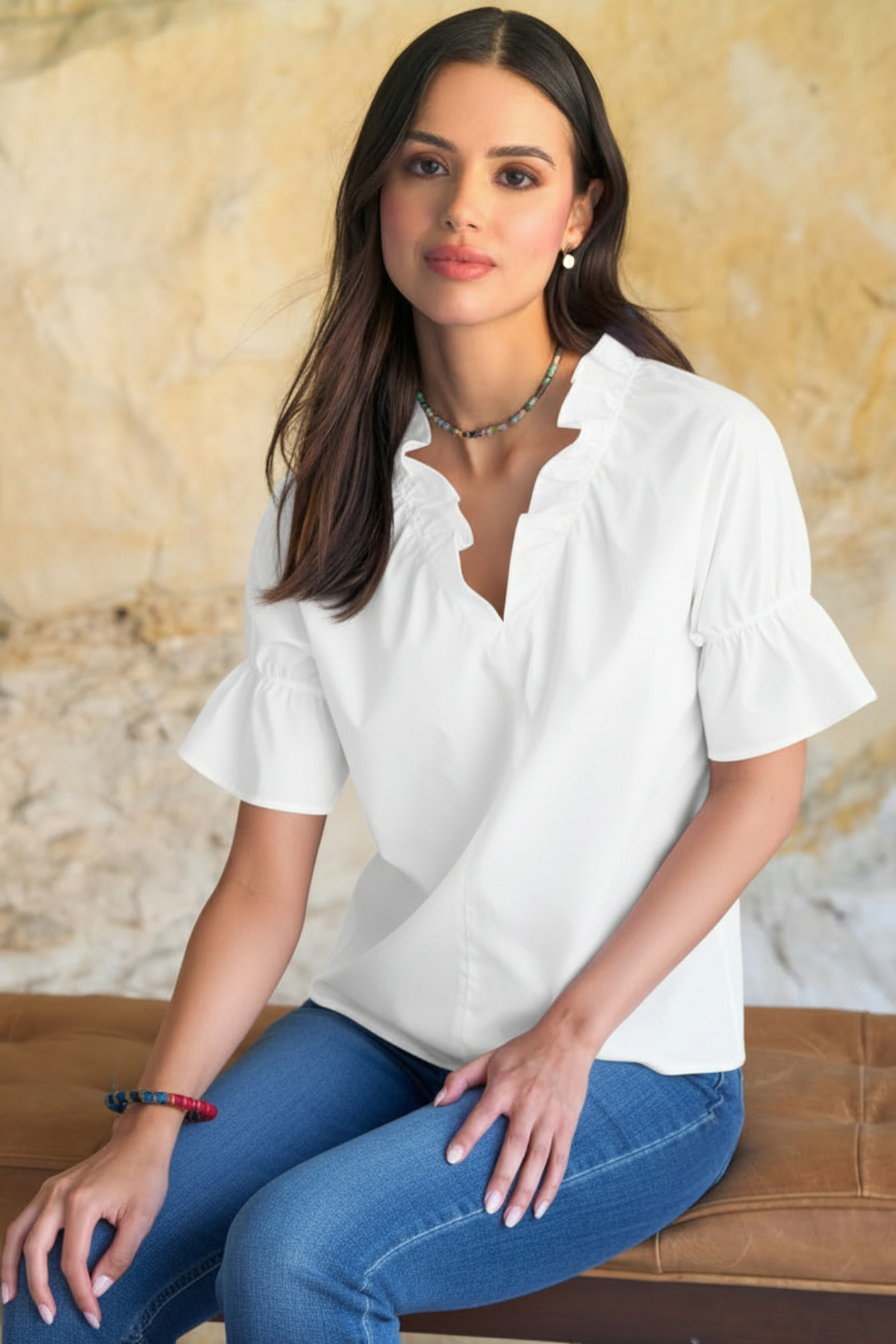 Crosby | Short Sleeve White Poplin Blouse with Ruffle Detail | Finley