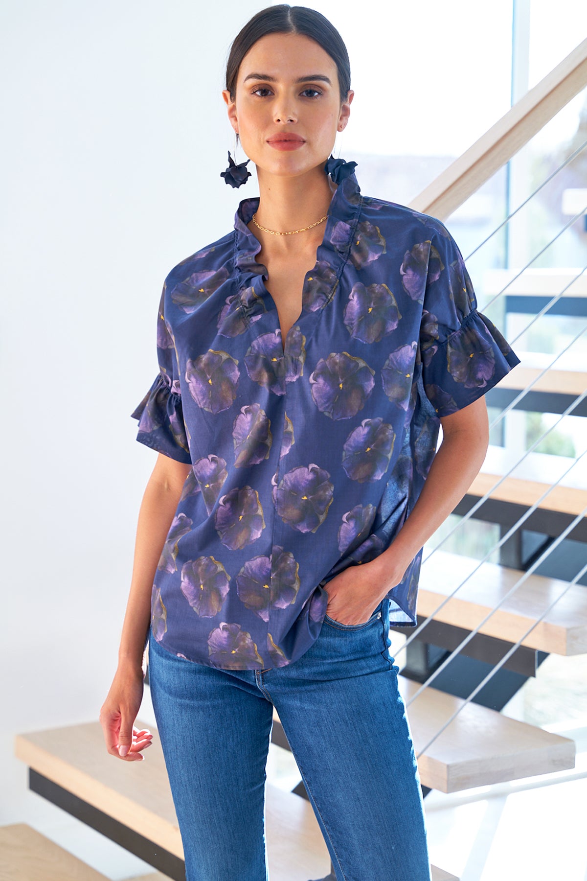 Crosby Ruffle-Sleeve Popover Shirt, Purple Pansy Print