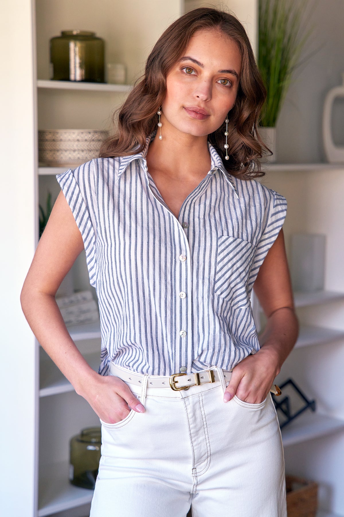 Daryl Cap Sleeve Shirt Gray Textured Stripe