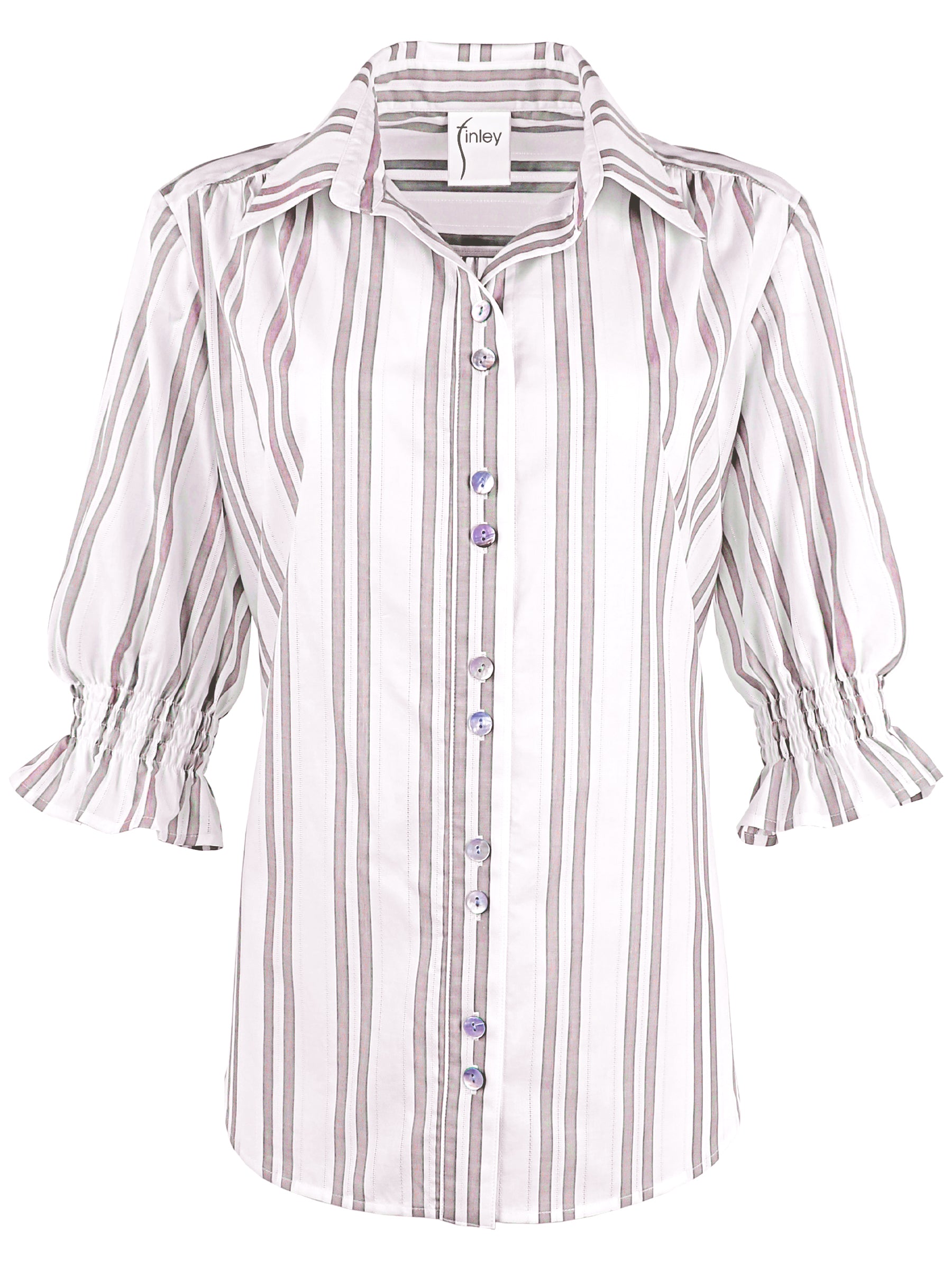 Front view of Finley Sirena tan and white pinstripe blouse. Soft cotton, button front, elbow puff sleeves with smocked cuffs, shirttail hem.
