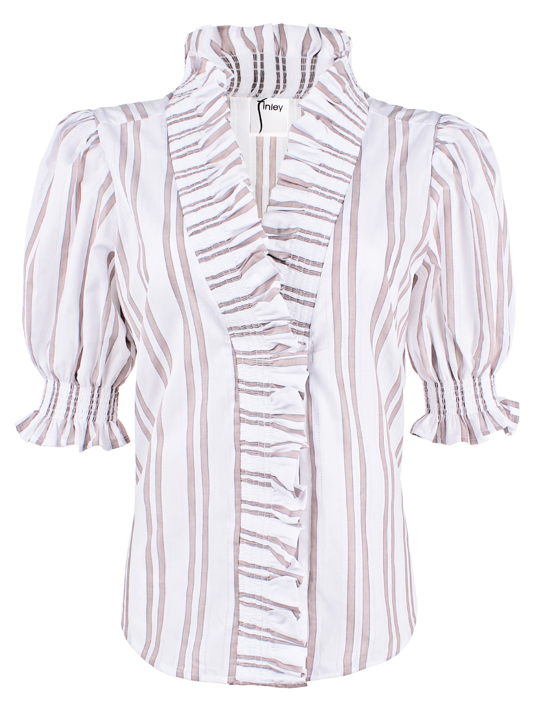 Cici Aqua Drop Needle Tan Striped Ruffle Shirt