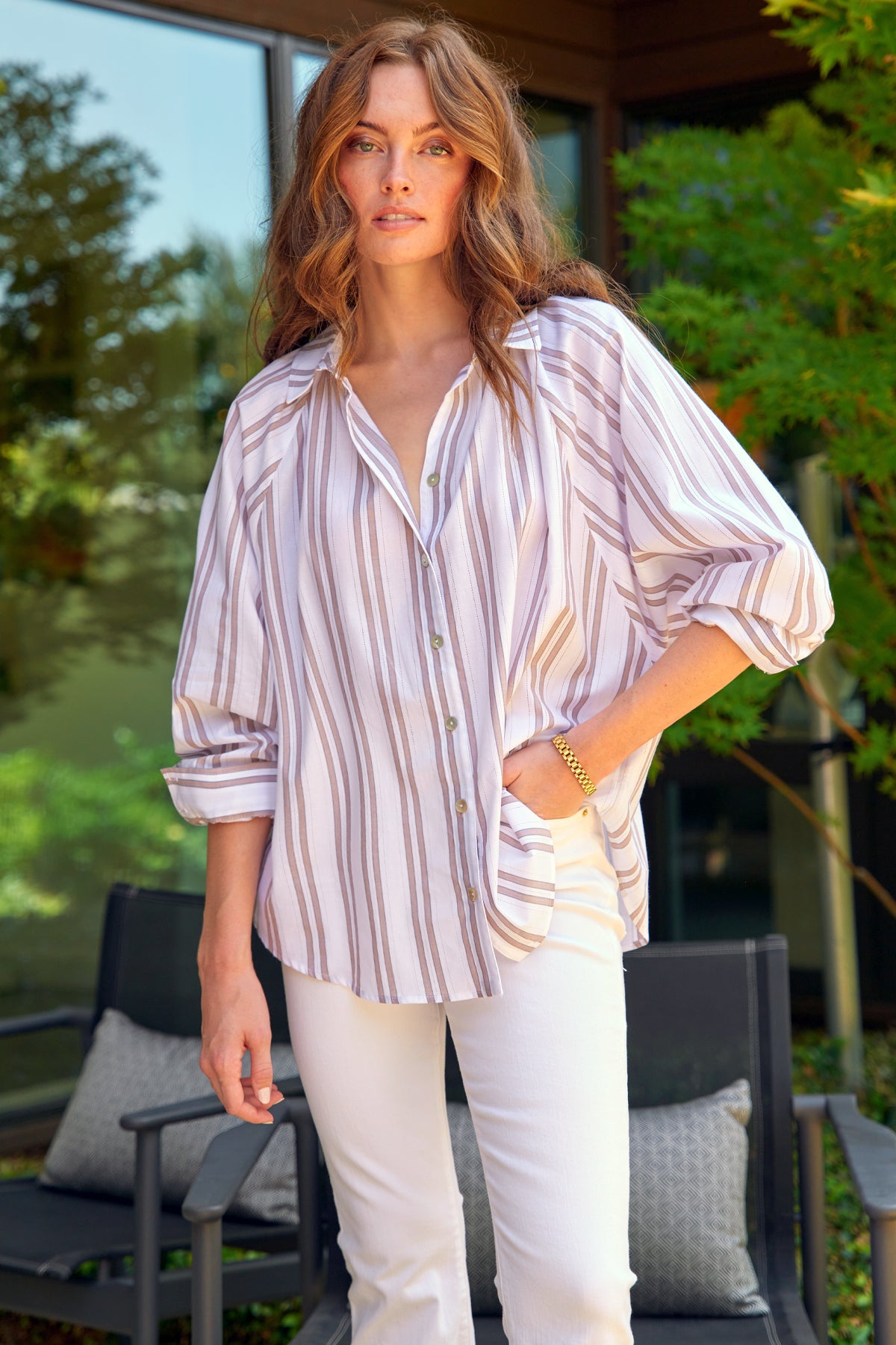 Dylan Dolman Sleeve Shirt Tan Drop Needle Stripe