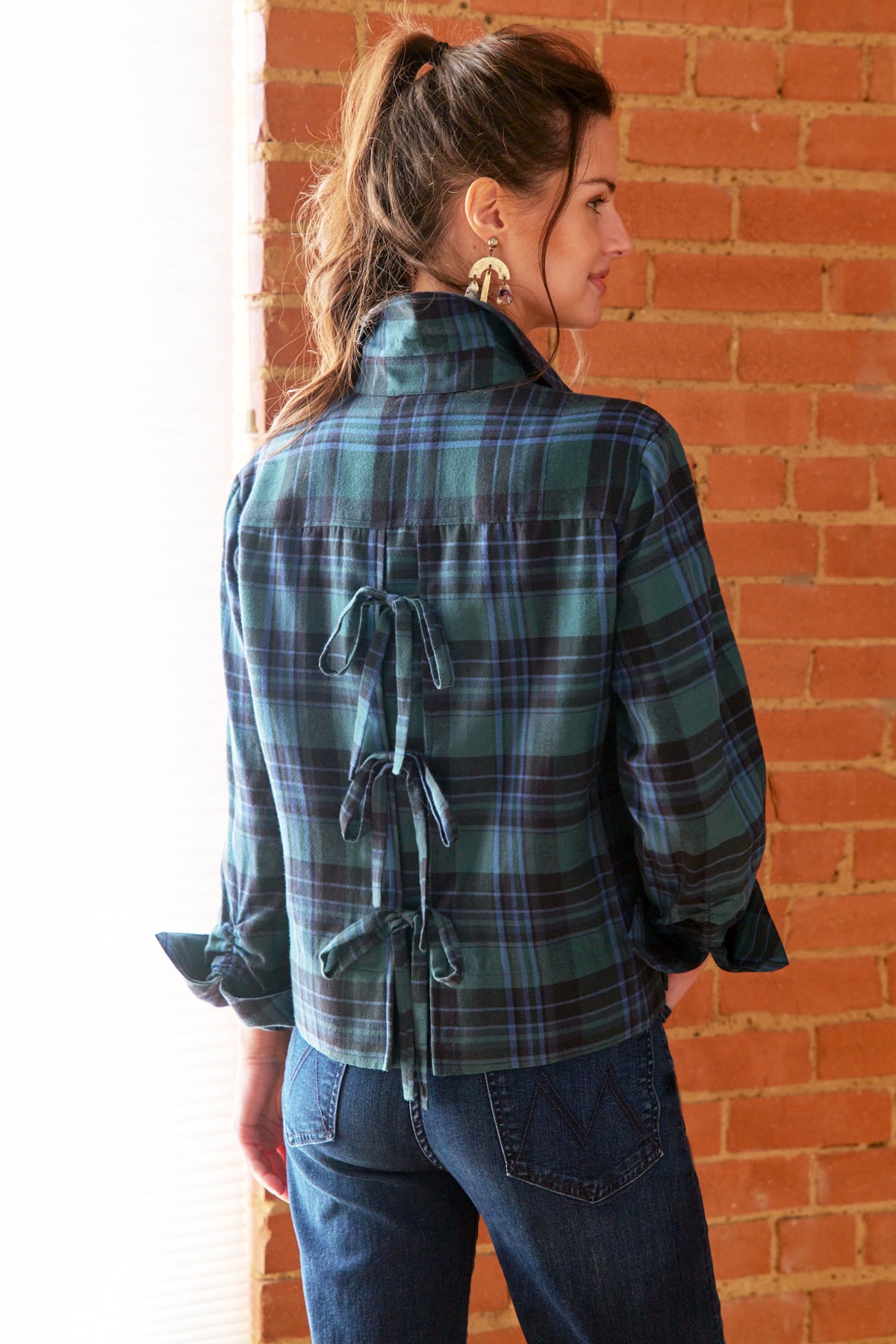 Eugenie Bow Back Shirt Teal Brushed Plaid