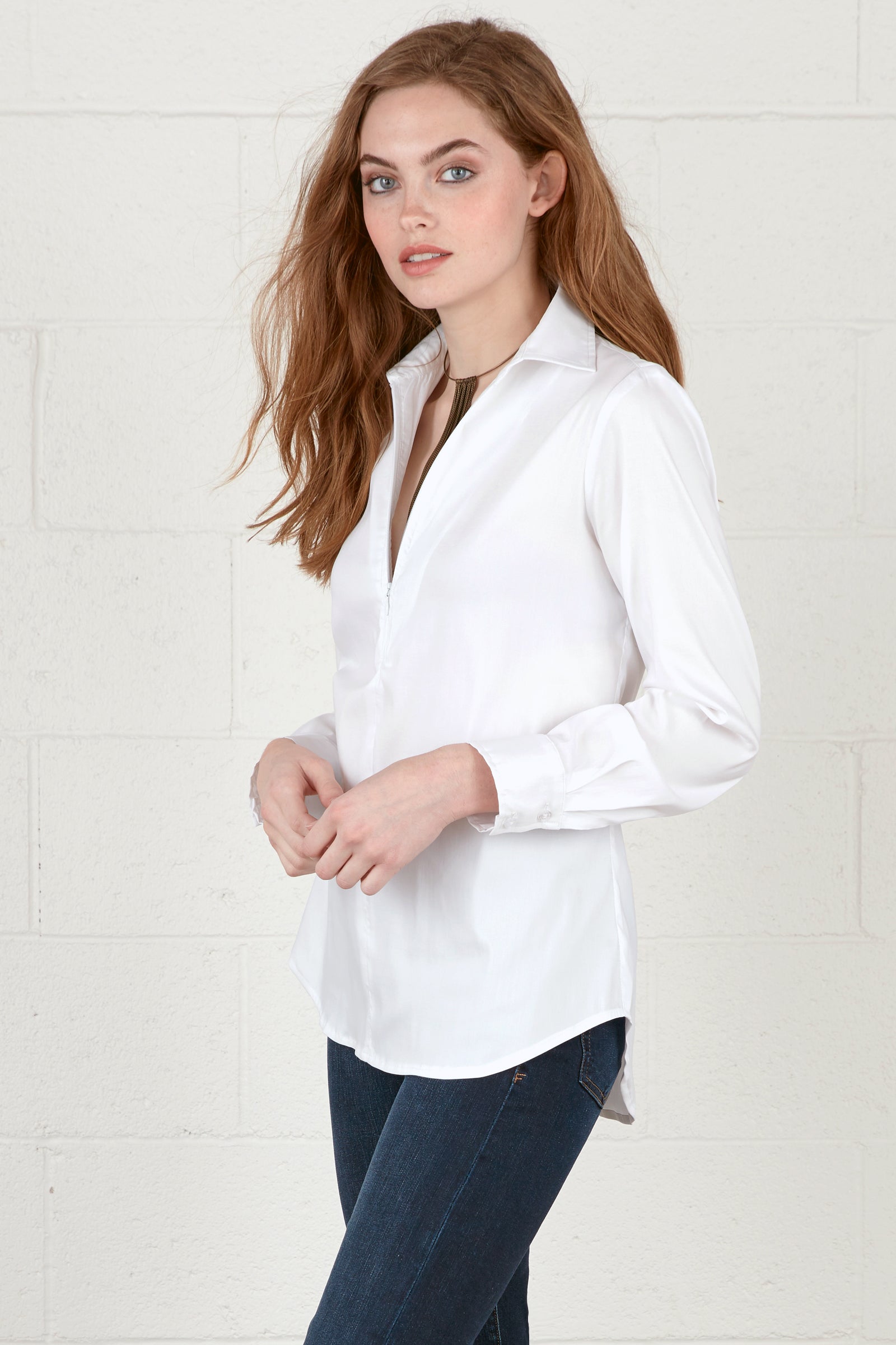Endora | Long Sleeve Half Zip Tailored White Designer Shirt | Finley