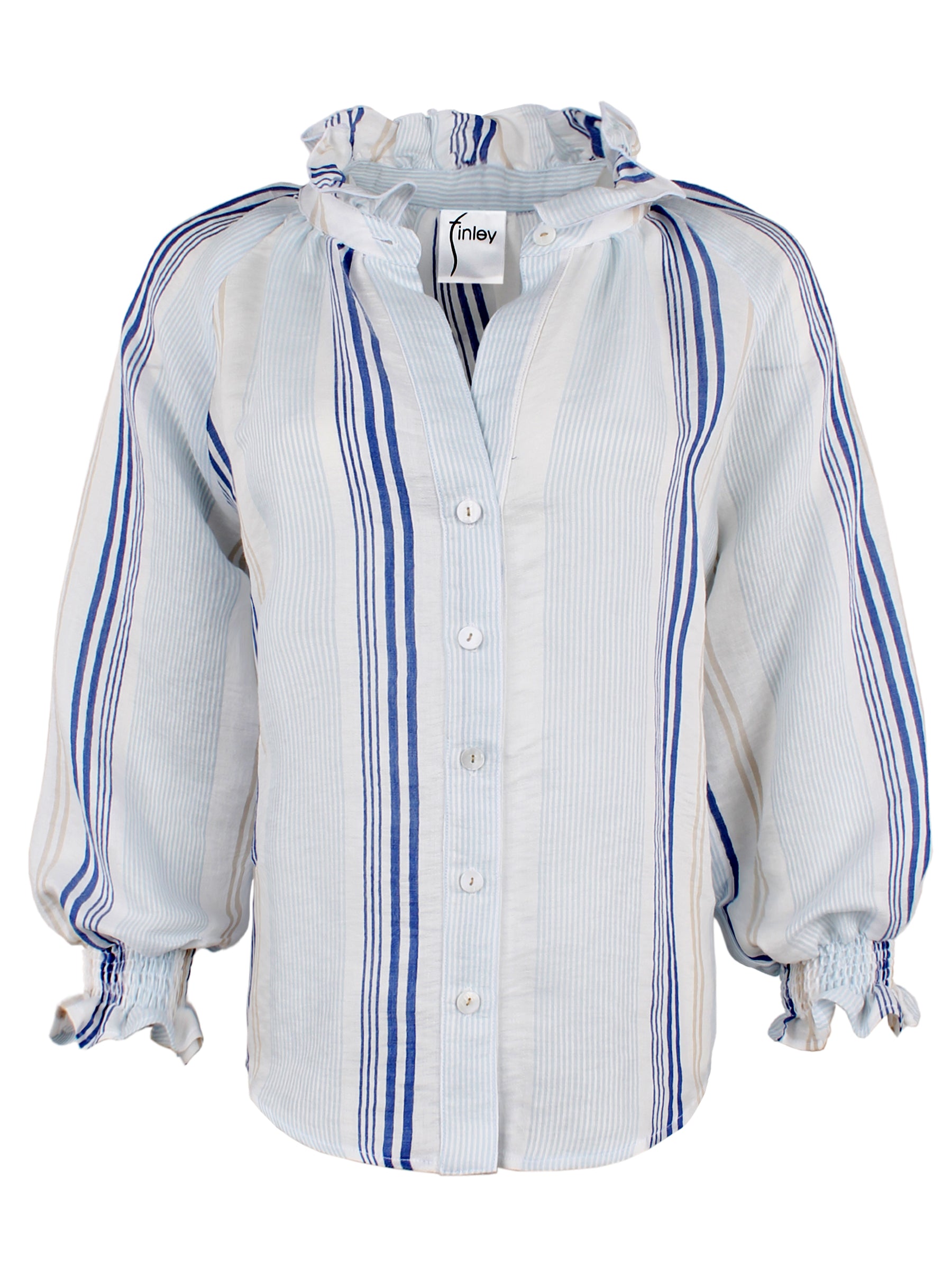 A front view of the Fiona shirt in blue voile stripe, featuring a band collar and elegant blouson sleeves.