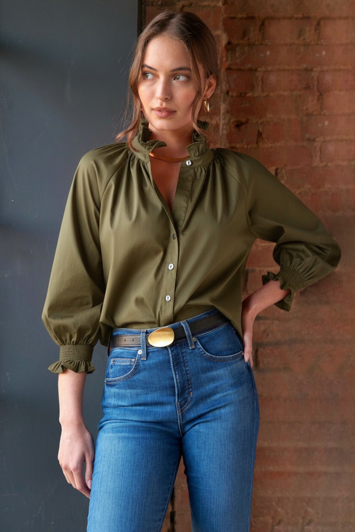 Fiona | Olive Poplin Ruffle Collar Blouson Sleeve Top | Finley Shirts Fiona | Olive Poplin Ruffle Collar Blouson Sleeve Top | Finley Shirts