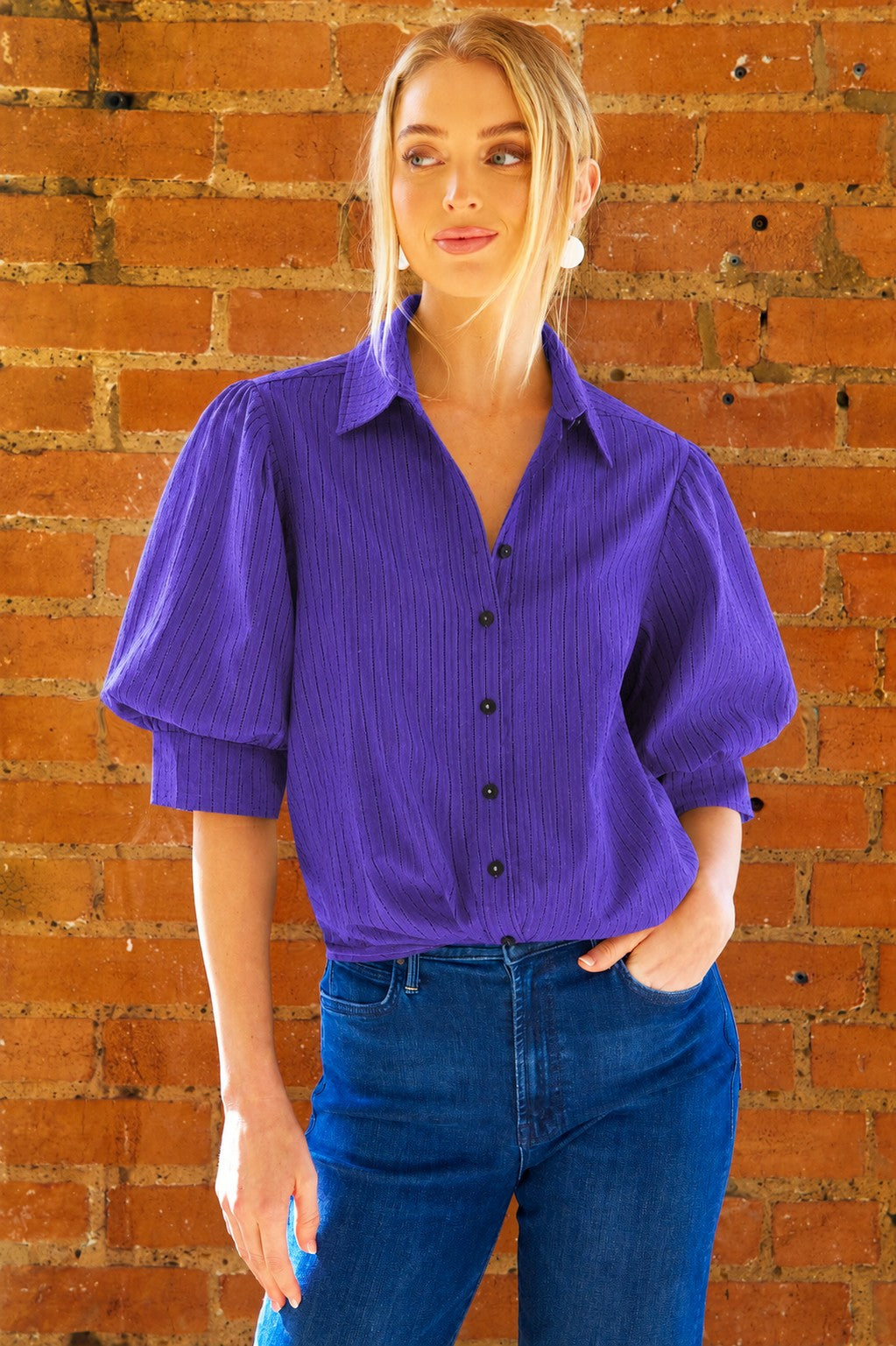 GAMEDAY!! Bomba Twist-Hem Short Sleeve Shirt, Purple Open Weave Stripe