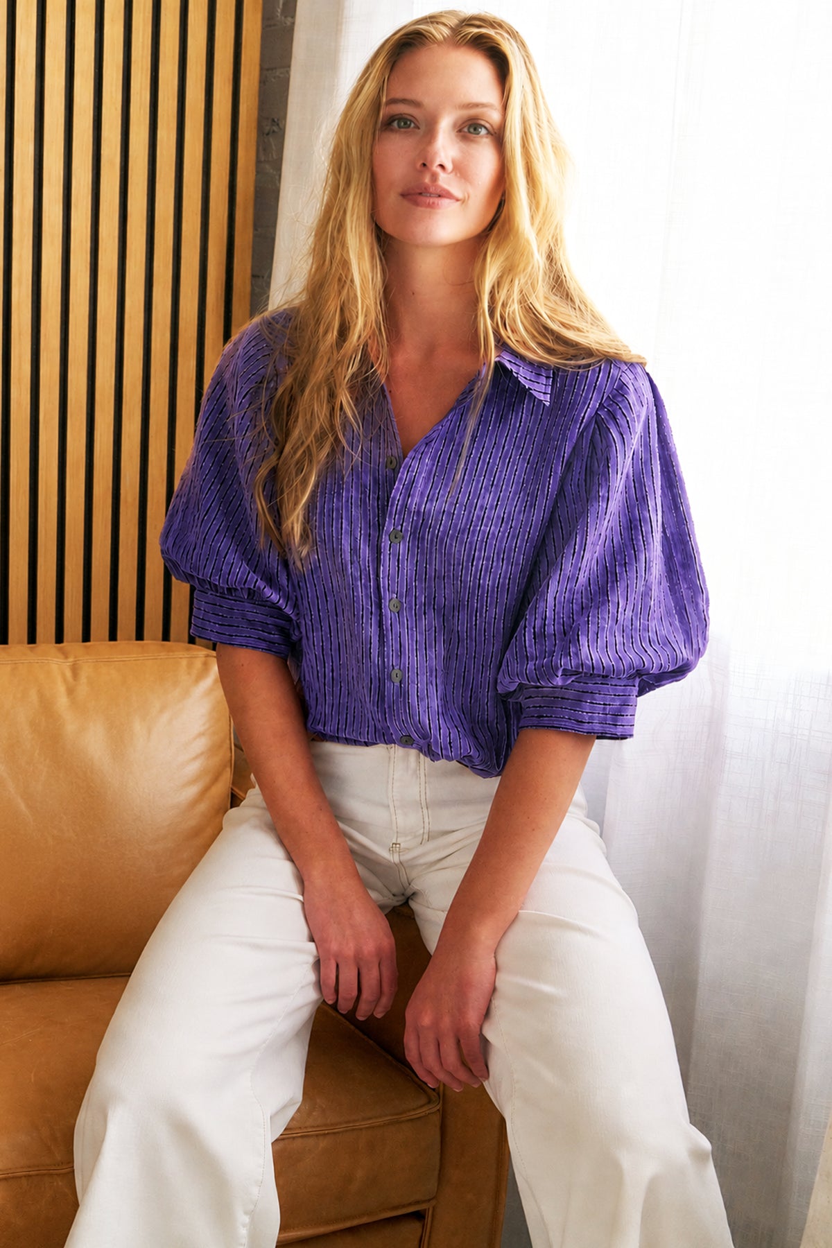 GAMEDAY!! Bomba Twist-Hem Short Sleeve Shirt, Purple Open Weave Stripe