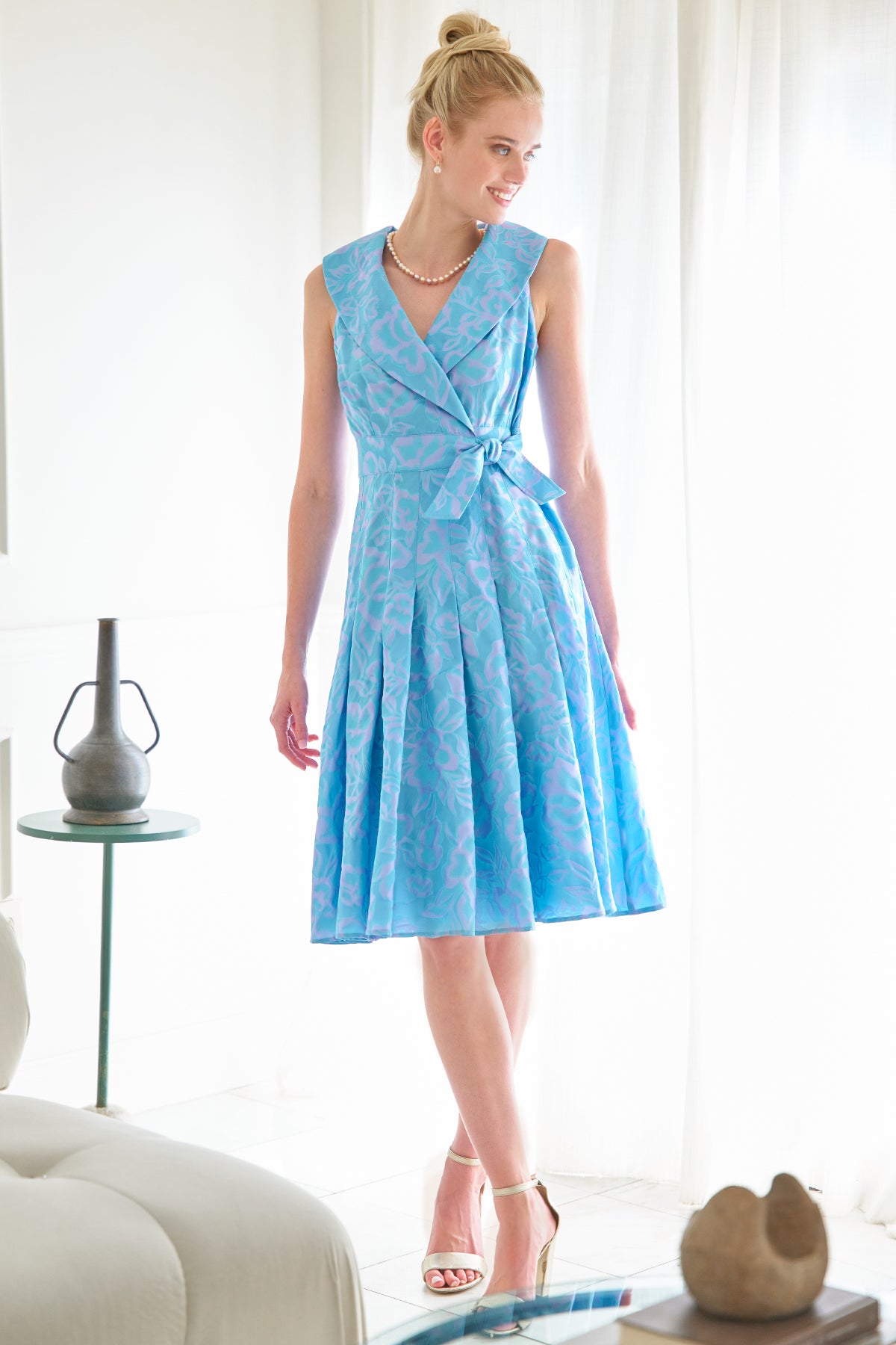 Johanna Sleeveless Wrap Dress Blue Jacquard