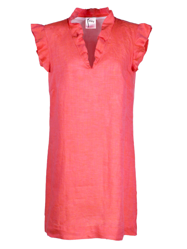 A front view of the Finley Jonathan dress, a pink washed linen mini dress with flutter cap sleeves and a shift silhouette.