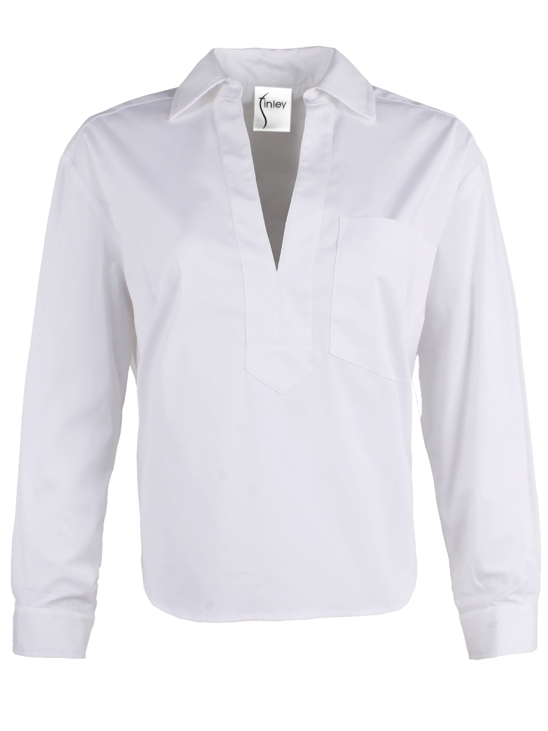Front view of Finley Joni poplin blouse: V neckline, spread collar, long sleeves with button cuffs, shirttail hem.