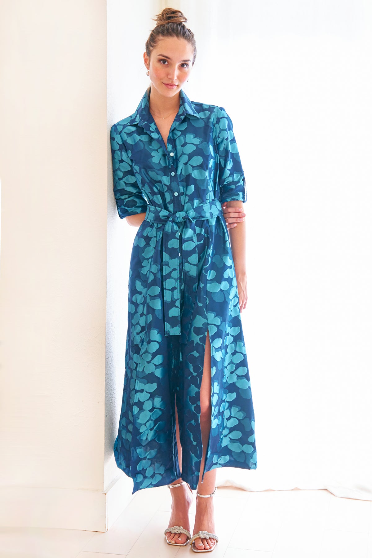 Laine | Navy Jacquard Designer Tie Front Floral Shirt Dress