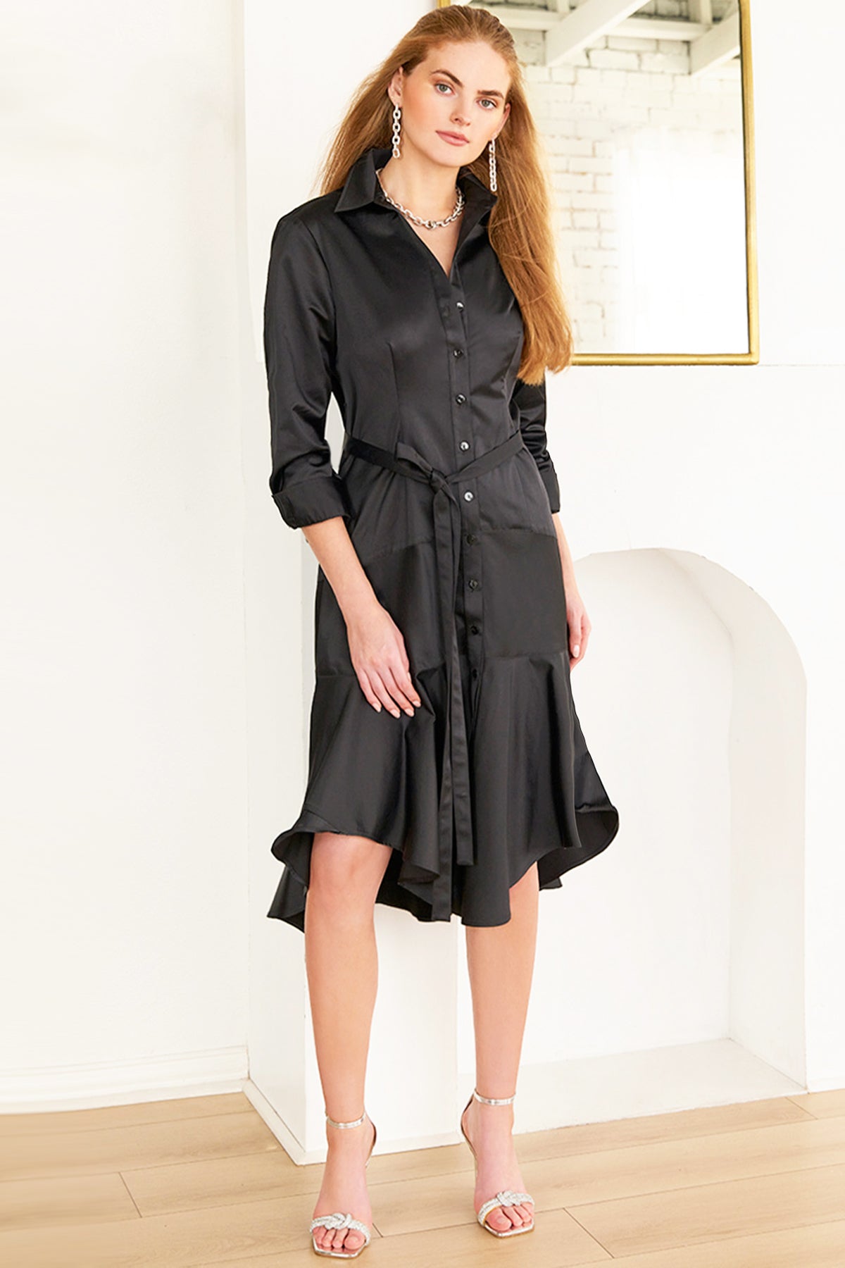 Leonardo | Tie Front Black Satin Midi Dress | Finley Dresses & Shirts Leonardo | Tie Front Black Satin Midi Dress | Finley Dresses & Shirts