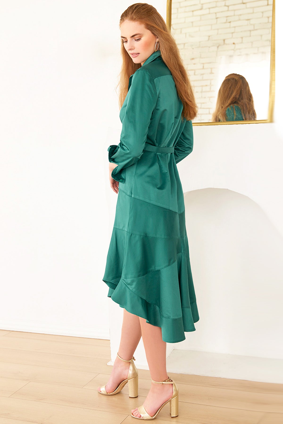 Leonardo | Tie Front Button-Down Emerald Green Satin Midi Dress