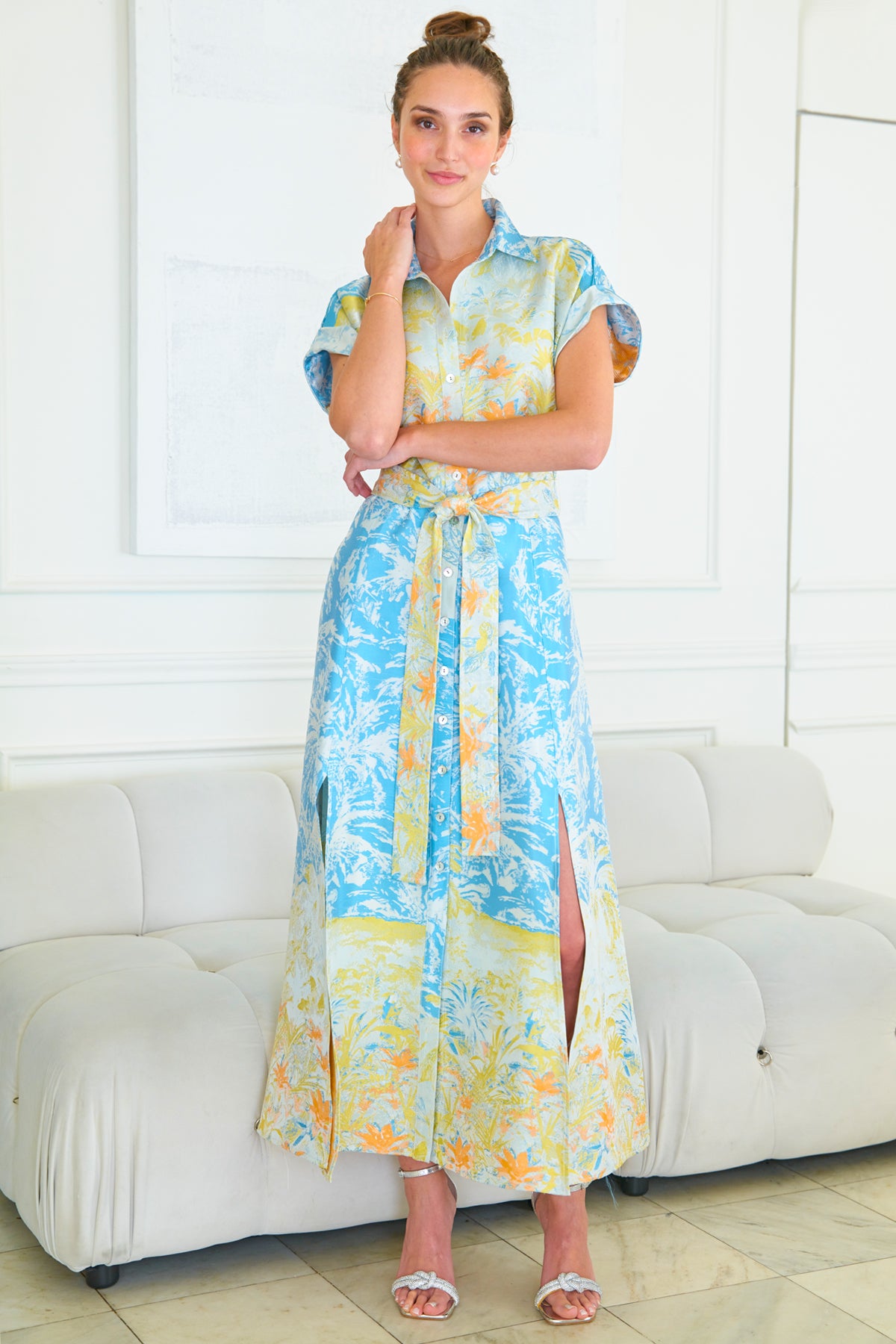 Long Chantal Shirt Dress Turquoise/Yellow Wedding Guest Jacquard