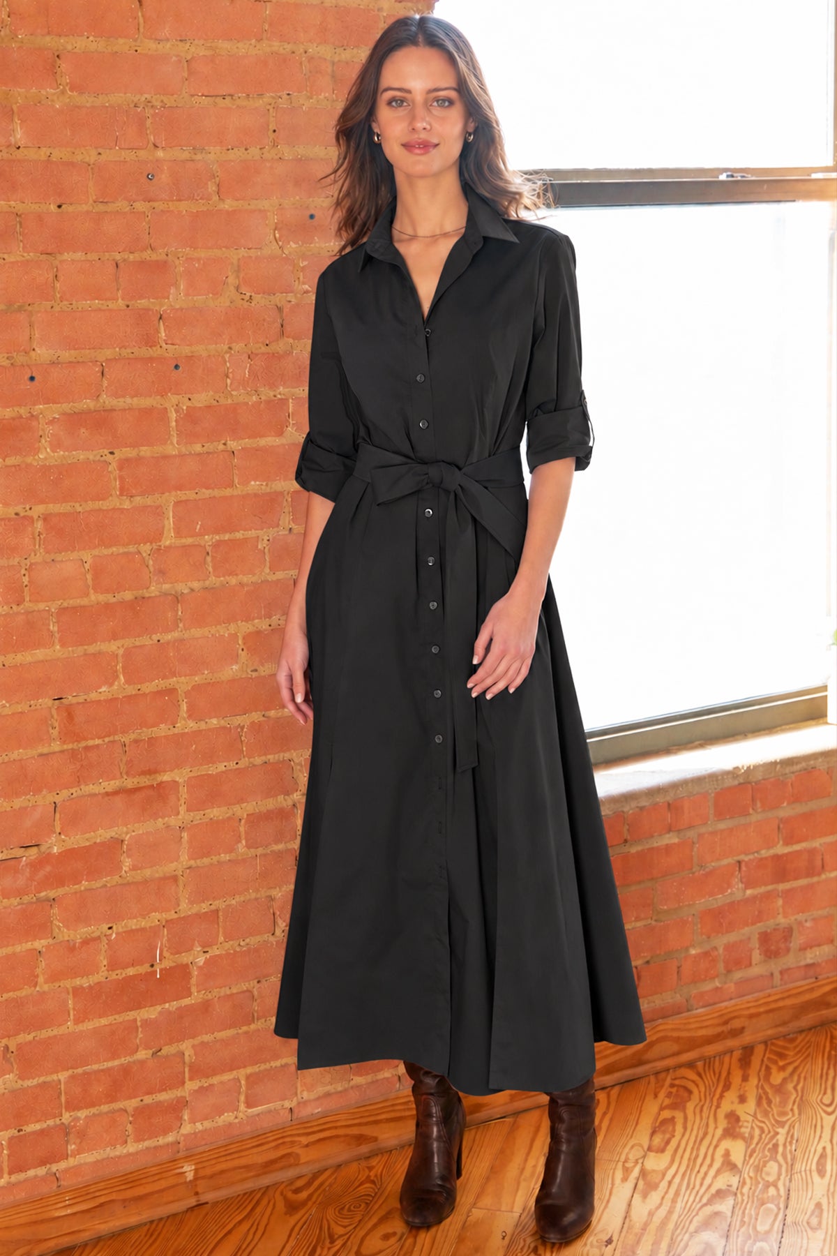 Laine Tie Front Long Dress Black Weathercloth