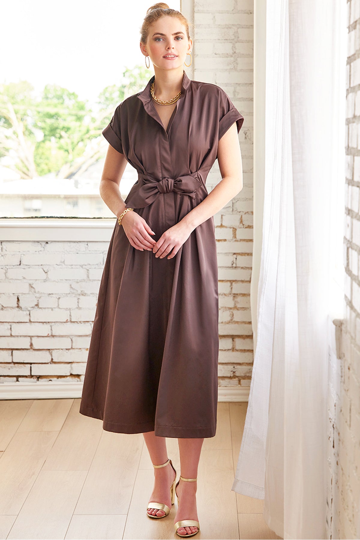 Long Rocky Shirt Dress Chocolate Brown Micro Satin