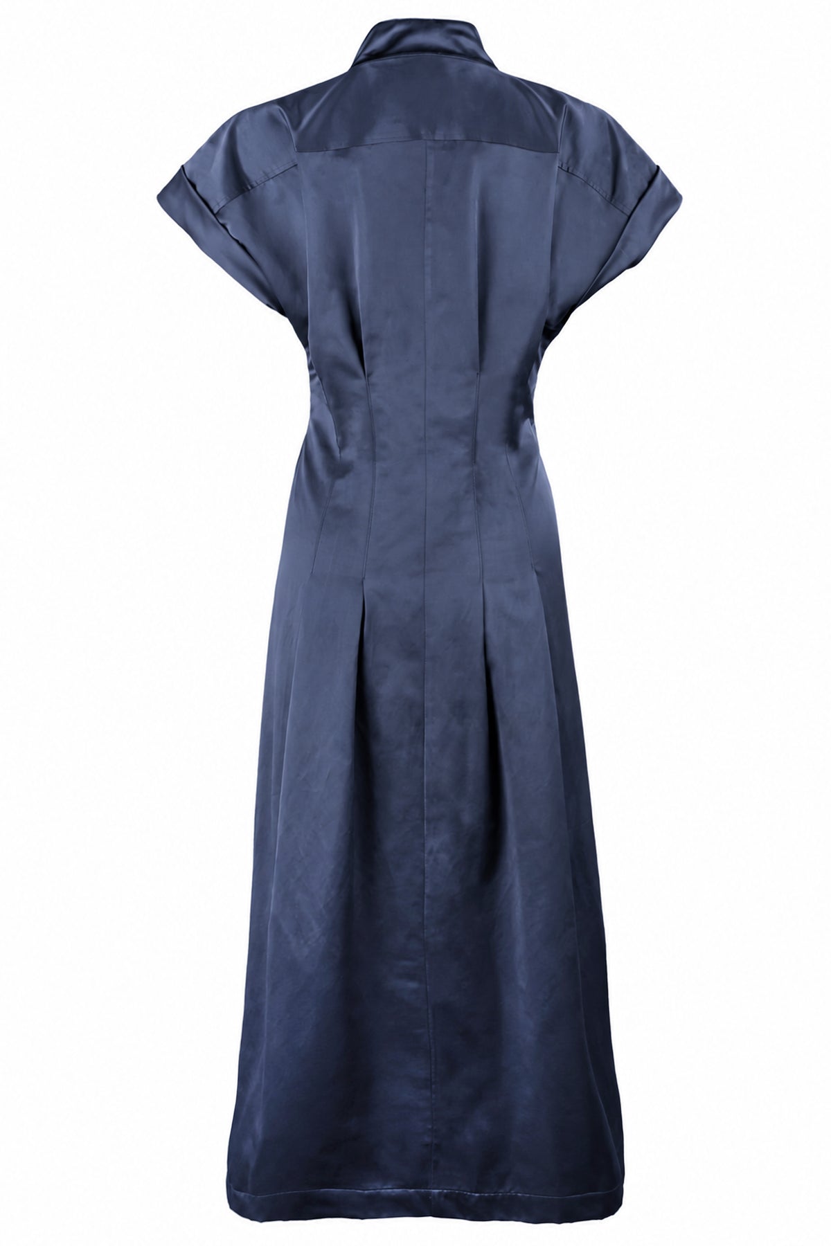 A navy blue satin-like shirt dress shown from the back, featuring short cap sleeves, a pointed collar, and a central back seam, photographed against a plain white background.